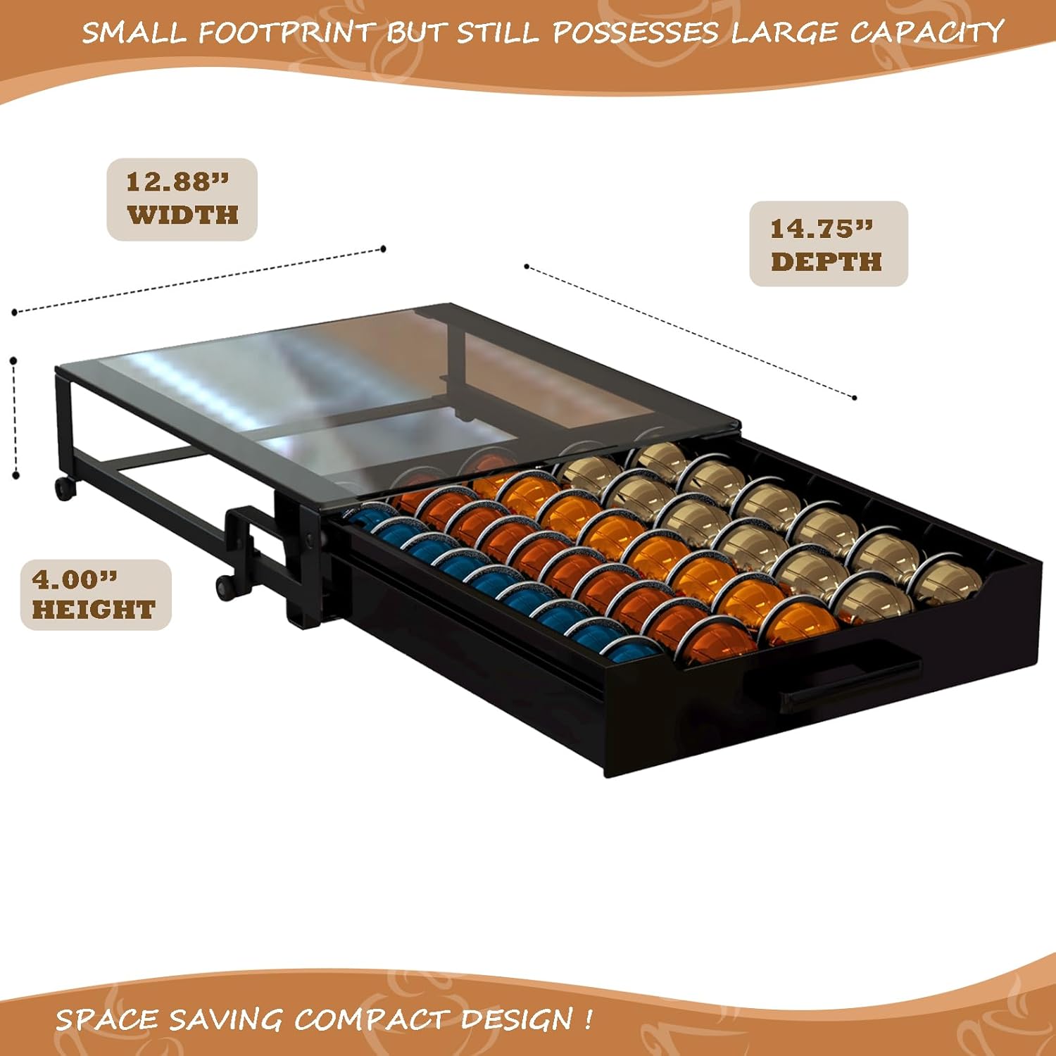 Vertuo Pod Holder Drawer with Deluxe Black Tempered Glass Top, Compatible for Nespresso VertuoLine Pods, Holds up to 75 Small or 50 Big Vertuo Pods Compact Design (CRYSTAL CLEAR ROLLING DRAWER)