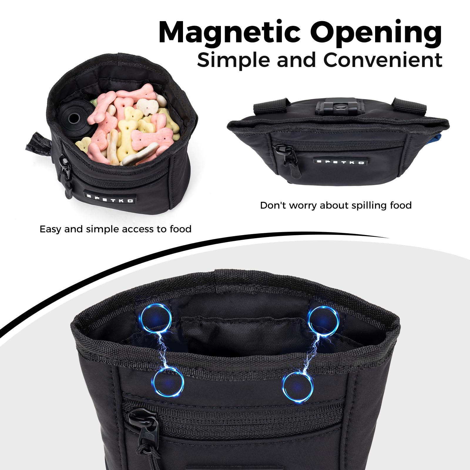 EPETKO Dog Treat Pouch, Powerful Magnet Closure Device Dog Training Treat Bag Large Capacity Pet Treat Pouch with Poop Bag Dispenser Treat Bag for Dog Training with Metal Waistband Clip (Black) - image 3