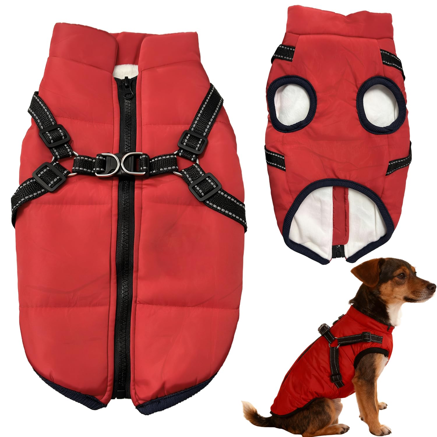 Dog Coat Waterproof with Harness, Winter Warm Fleece Jacket for Medium Large Dogs, Reflective Windproof Puppy Snowsuit(Red-L)