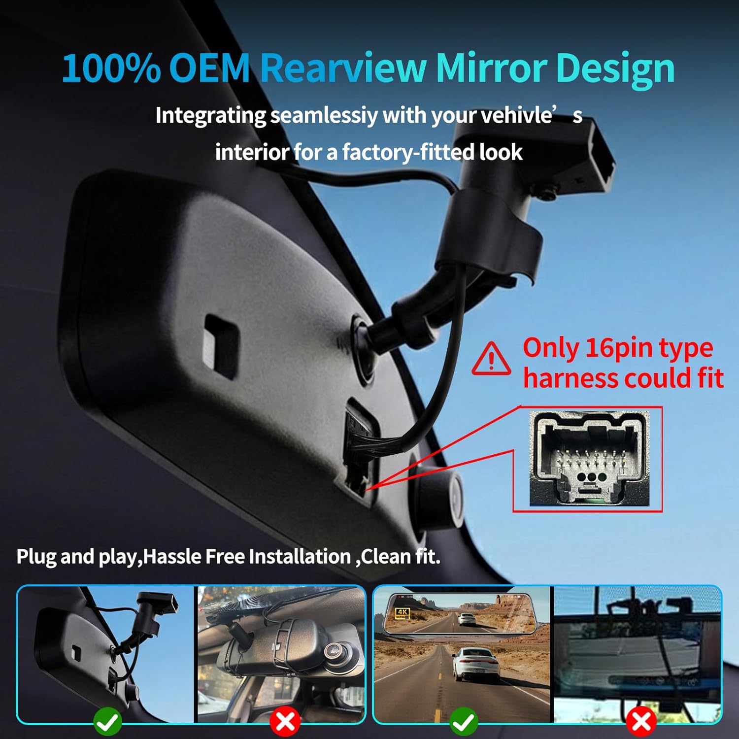 KCV 4K Rear Mirror Dash Cam for Ford F150 F250 F350 (2009-2025 with 16pin Auto dimming), Front 4K + Rear 1080P Camera, Integrated Replacement OEM Look, Plug & Play, Free 64GB Card