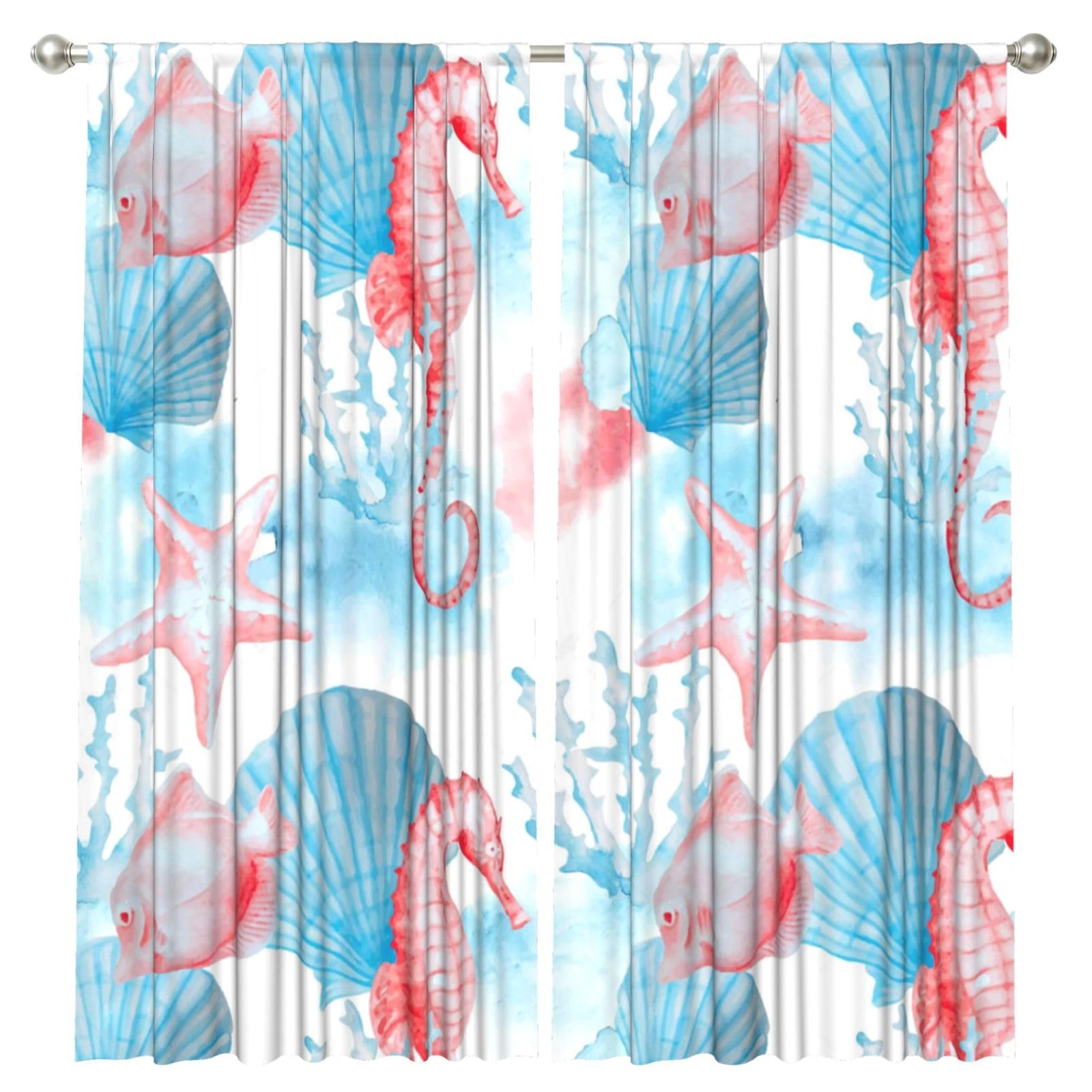 InOmak Watercolor Shells Sea Horse Fish, 2 Panels Window Curtains 52 x 84 Inch Blackout Curtains for Living Room Bedroom