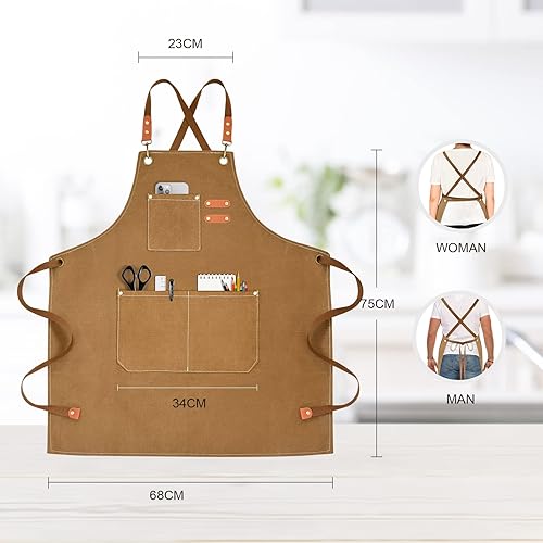 Miniatura 2 de Delantal de chef para hombres y mujeres, delantales de lona con 3 bolsillos traseros cruzados, delantal de trabajo resistente para cocinar