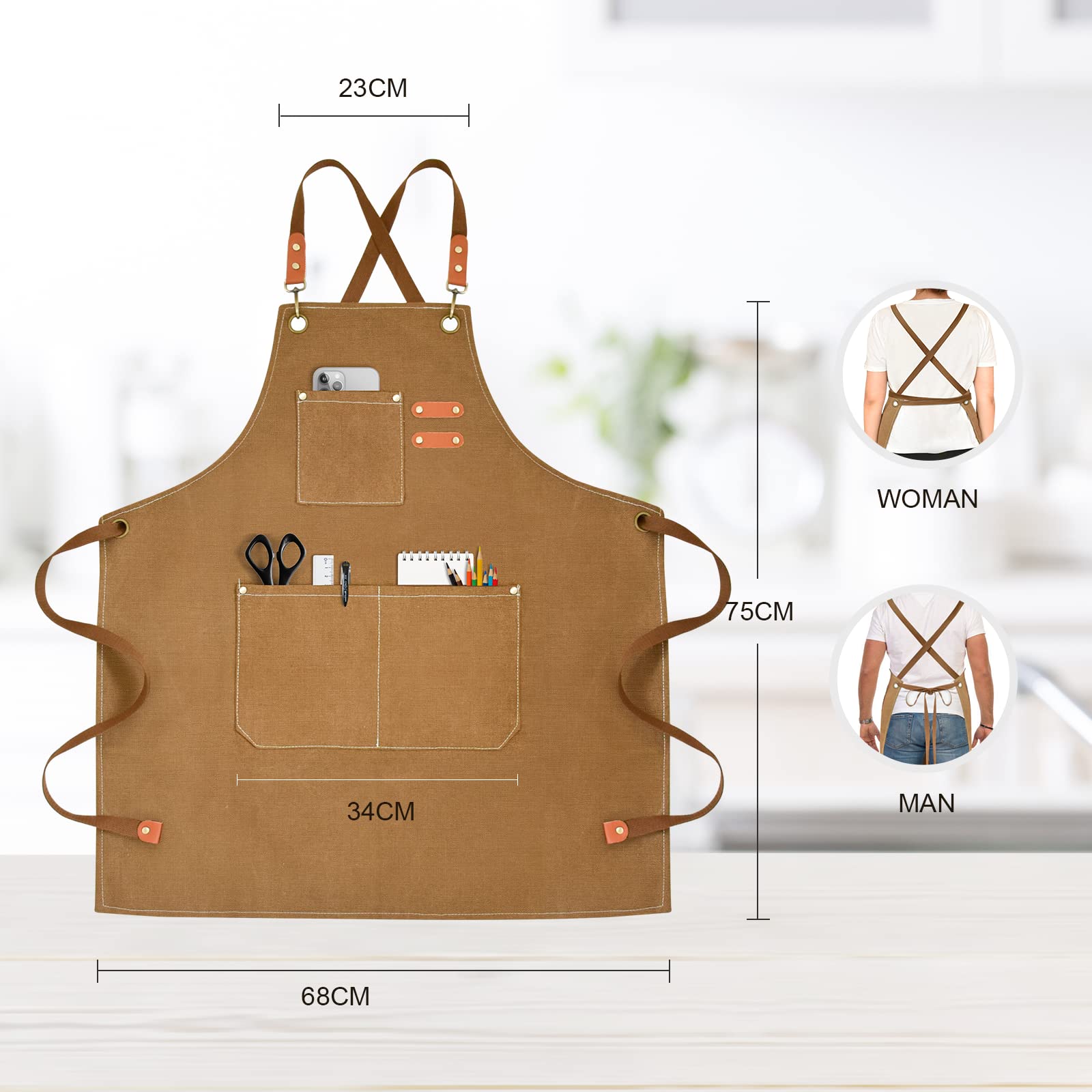 OUNLEN Delantal de chef para hombres y mujeres, delantales de lona con 3 bolsillos en la parte trasera cruzada, resistente a las gotas de agua, delantal de trabajo para cocinar, asar, hornear,