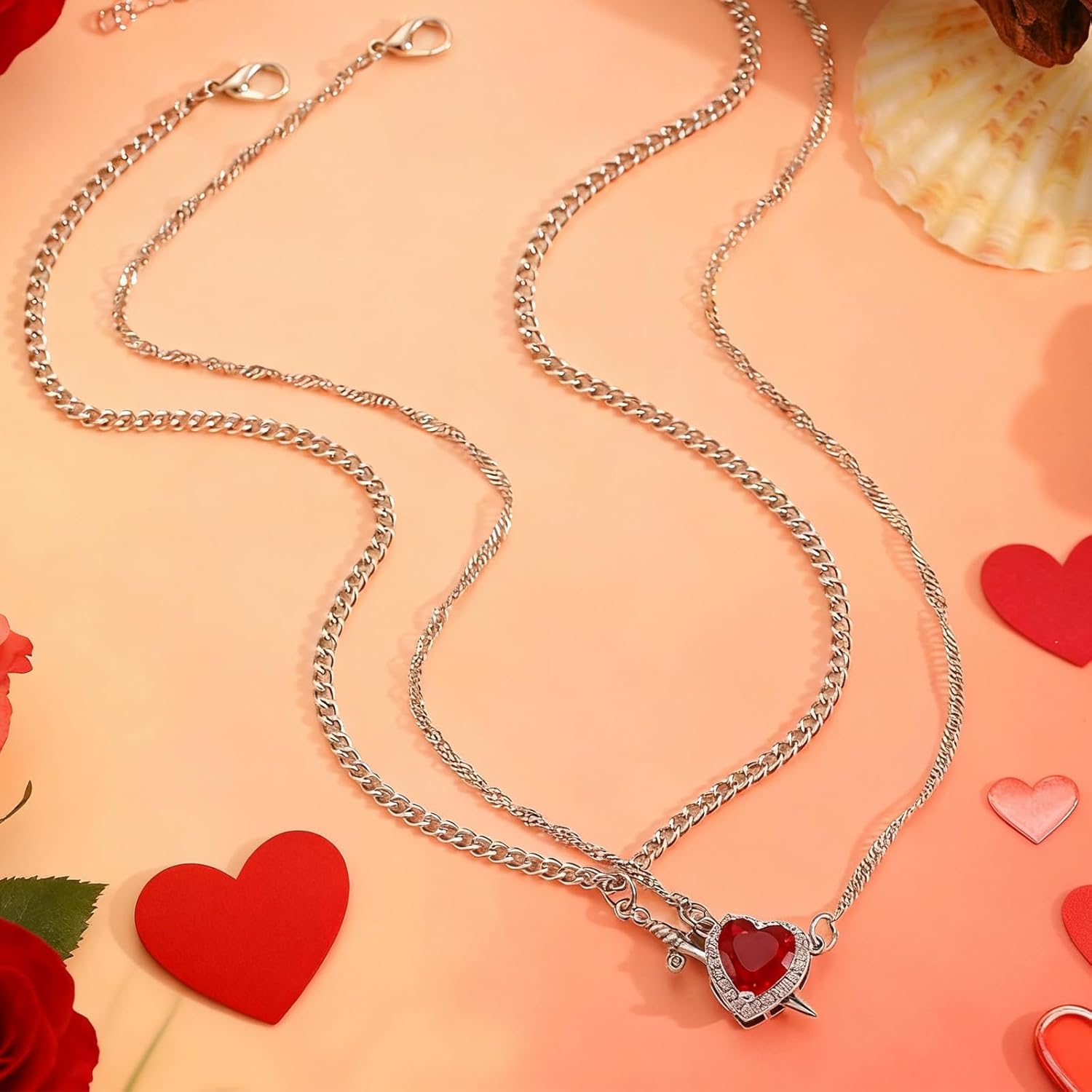 Roe Dolph Couple Necklace for Him and Her Sword and Heart Necklace Red Heart Matching Promise Jewelry Valentines Day Gifts for Her - Image 5