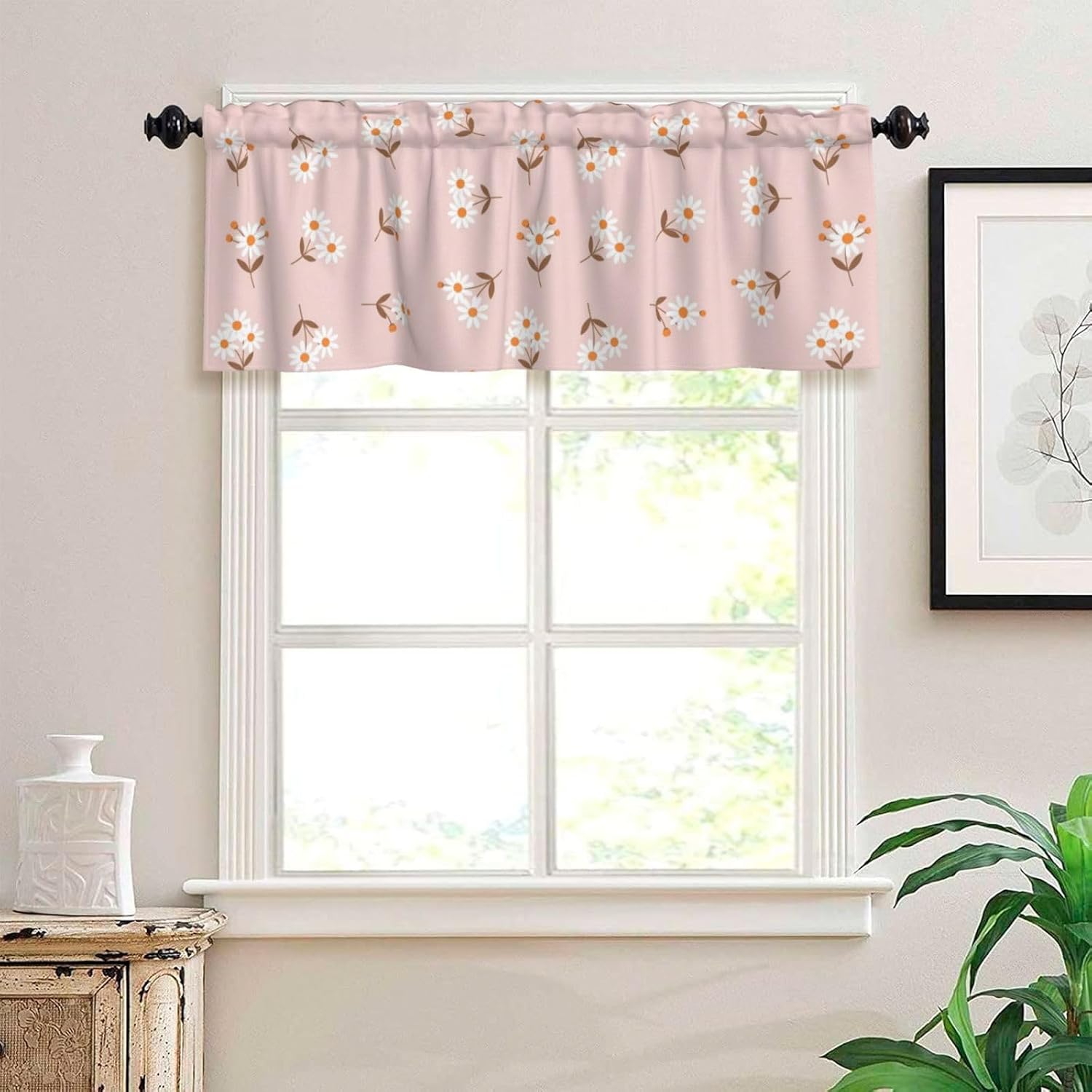 Valances for Windows White Daisy Pink Decorative Rod Pocket Kitchen Curtain Valances Short Window Valance Curtains for Living Room Bedroom Bathroom 1 Panel 54x18Inch
