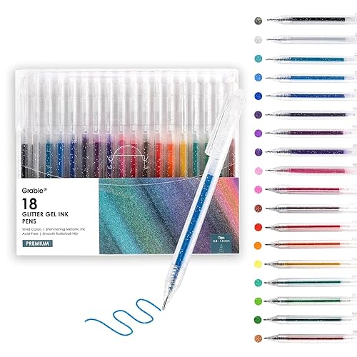 Grabie glitter gel pens 18 Colors,Metallic Vibrant Sparkle gel pens for coloring,Retractable Sparkle glitter markers,glitter pens for adults,colored gel pens for Adult Coloring Books and Drawing - 18 Colors Retractable Glitter Gel Ink Pens