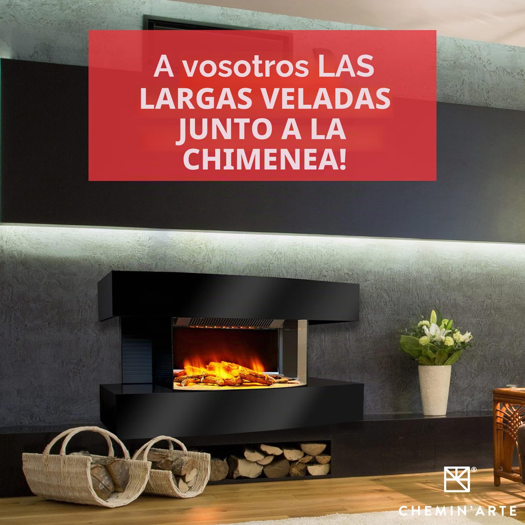 CHEMIN'ARTE Chimenea eléctrica de Pared con calefacción Lounge Blanca 120cm, Efecto de Llama Leds- Chimenea Decorativa bajo Consumo - Mando a Distancia