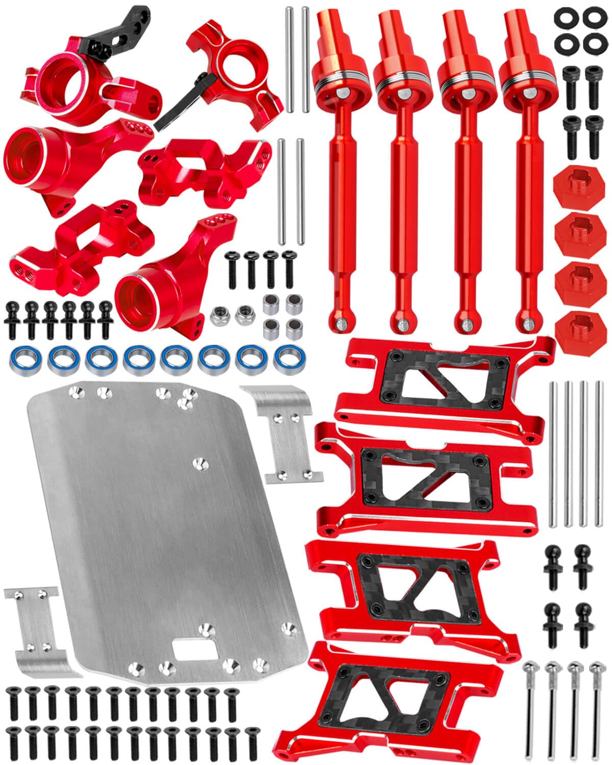 BRCatWPark RC Upgrades Part for 1/18 LaTrax Teton,Stainless Steel Chassis Protect Armor & Alloy Suspension A Arms & Drive Shaft Axles & Caster Block,Steering Blocks,Rear Stub Axle Carriers,Red