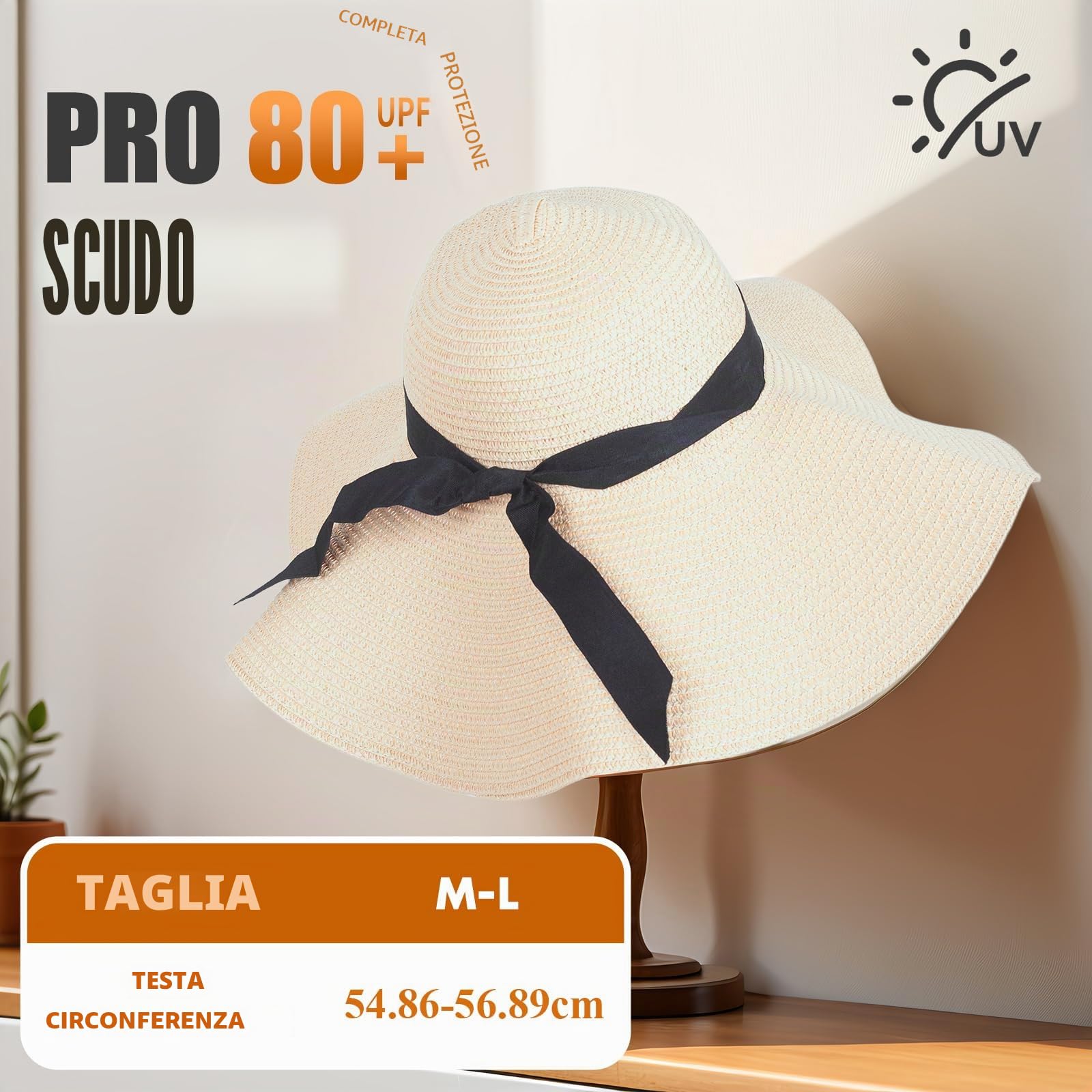 powerking Cappello da Sole di Paglia a Bordo Ampio, Cappello da Sole a Protezione UV per la Spiaggia Pieghevole per Le Donne