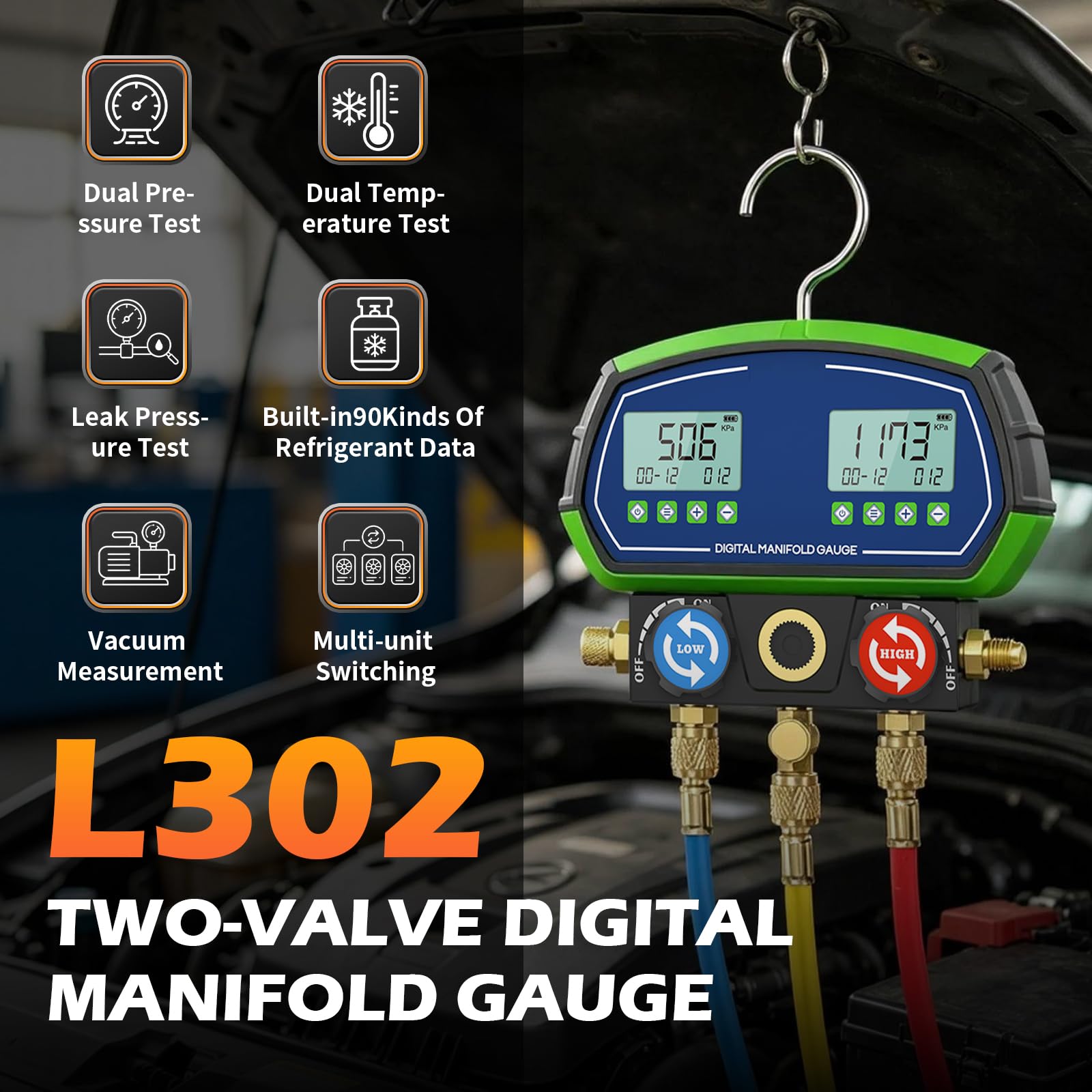 Digital Manifold Manometer, L302 Kältemittelanzeige HVAC -Verteilermessgerät für R32 R134a R410a 90 usw, Intelligenter Verteiler Mechnical Manifold Terminator