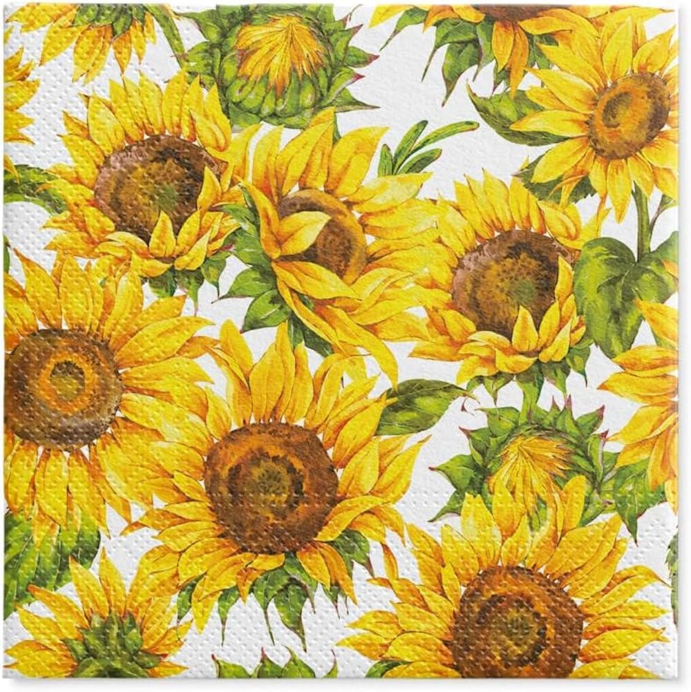 Dancing Sunflowers Coctail Napkins, 20 Count 13 Inch Colorful Napkins, Soft 3-Ply Decoupage Paper for Crafts Disposable Premium Soft Tissue Printed in Poland
