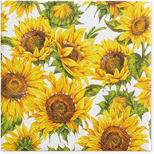 Dancing Sunflowers Coctail Napkins, 20 Count 13 Inch Colorful Napkins, Soft 3-Ply Decoupage Paper for Crafts Disposable Premium Soft Tissue Printed in Poland