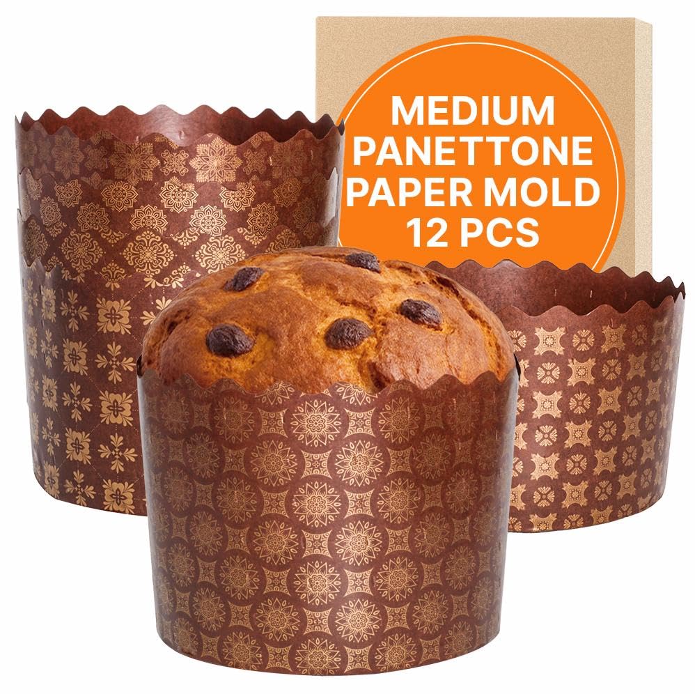 SHSH trade group 12 oz Easter Bread Forms Paska Mold Kulich Paskha 12 pcs - Easter Bread Panettone Paper Mold Non Stick Panettone Paper Baking Molds Brown Design