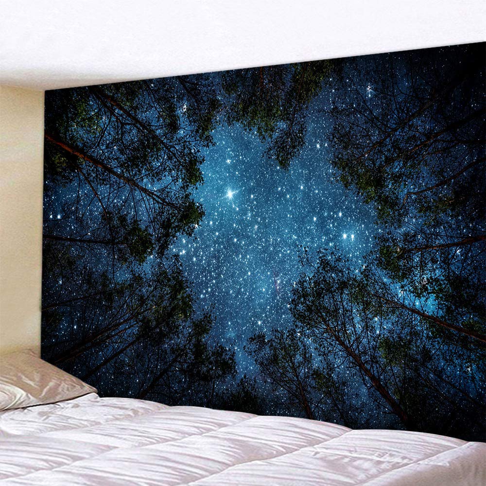 L/S Starry Night Tapestry Forest Sky 150x130 Wall Hangings Nature Landscapes Trippy Tree Stars Art Wall Tapestries Creek Decoration For Living Room Bedroom
