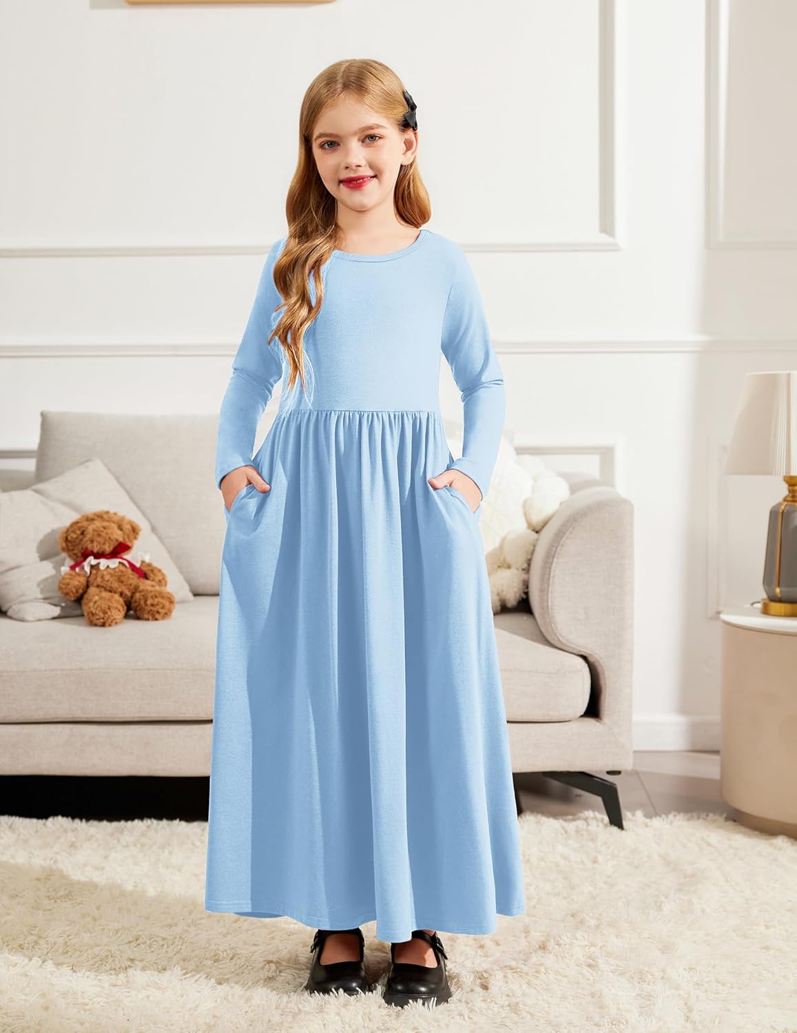 Arshiner Girls Maxi Dress Long/Short Sleeve Casual Holiday Dress with Pockets for 5-13 Years - Image 4
