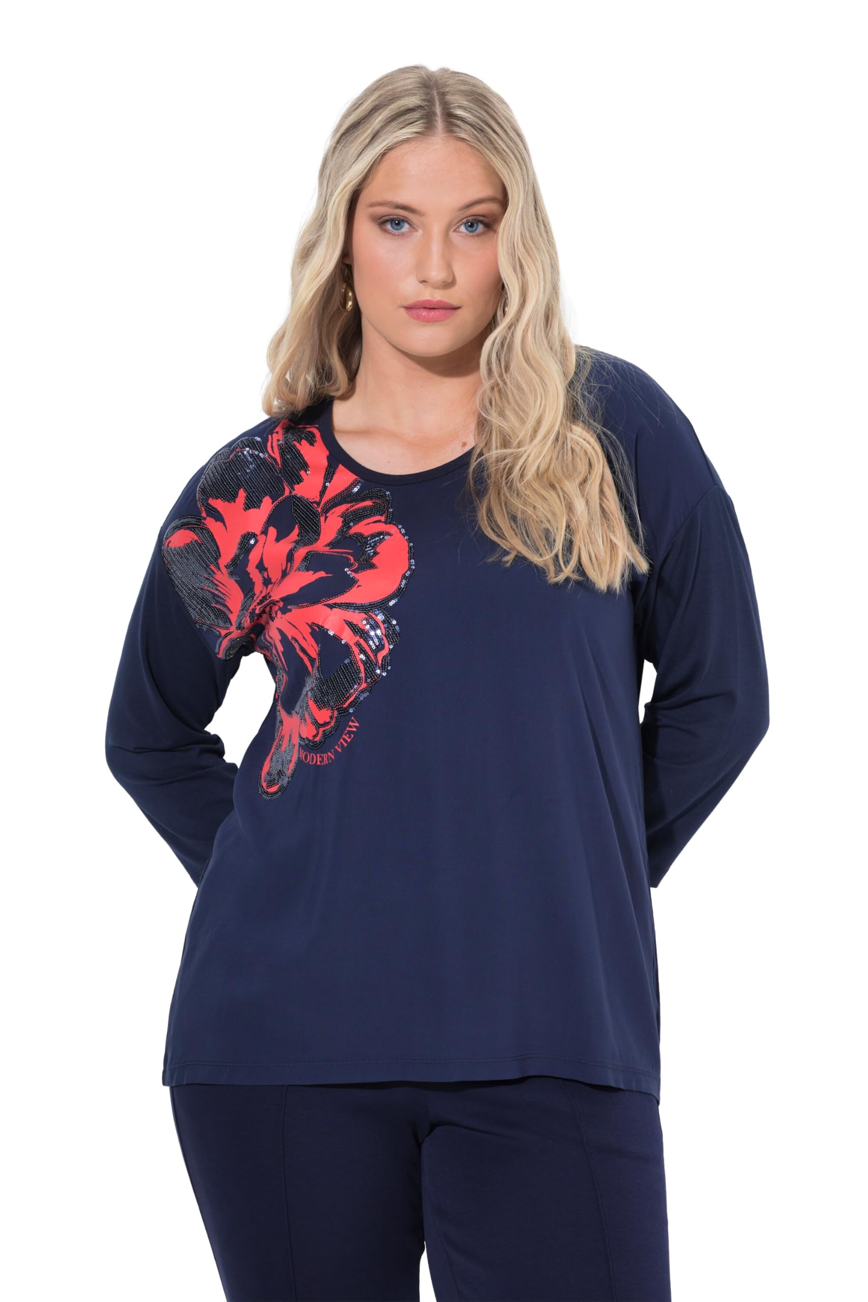 Ulla Popken Damen große Größen Übergrößen Plus Size Shirt, Blüten-Applikation, Oversized, Rundhals, 3/4-Arm 843032
