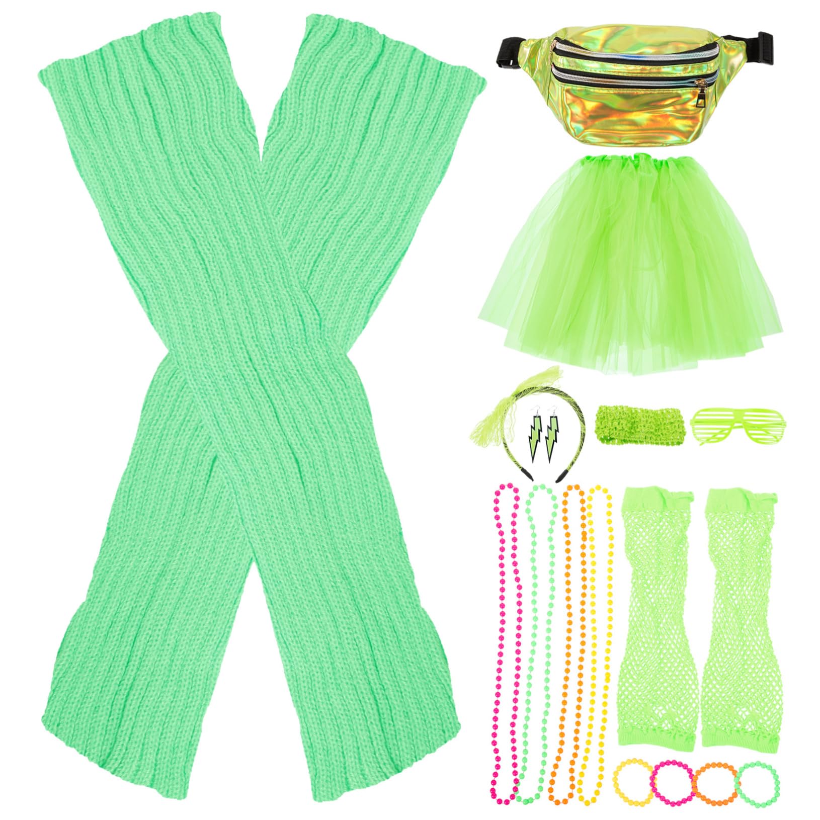 BESPORTBLE Ensemble D'accessoires Néon pour Femme Années 1980 Moufles Résille, Serrage-tête Lapin, Jupe Colorée et Paquet Banane pour Fête Rétro