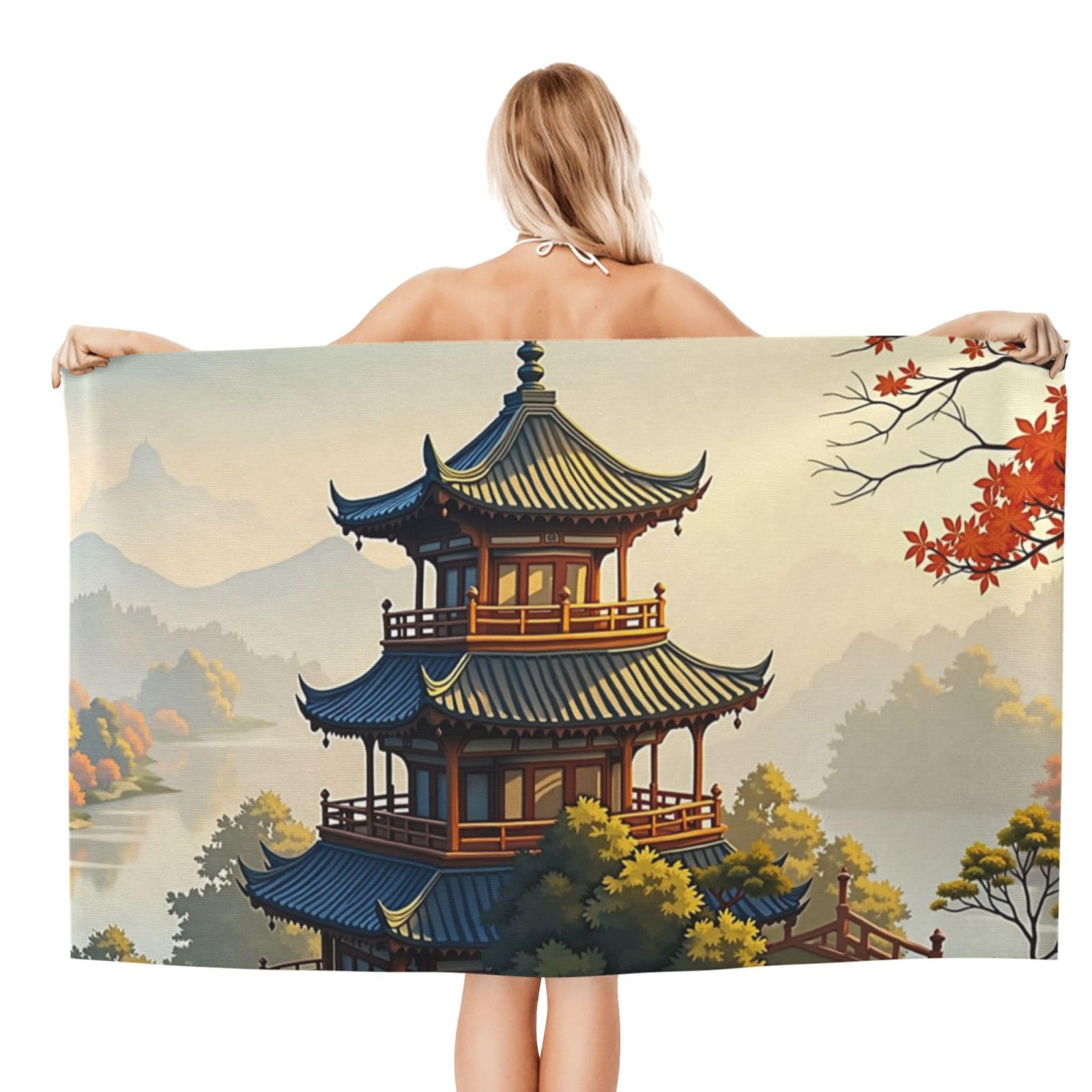 Anceky Beach Towel for Women, Asian Pagoda Landscape Sand-Free Microfiber Ultra Soft Lightweight Bath Towels for Outdoor Bathroom Swimming 32"X52"