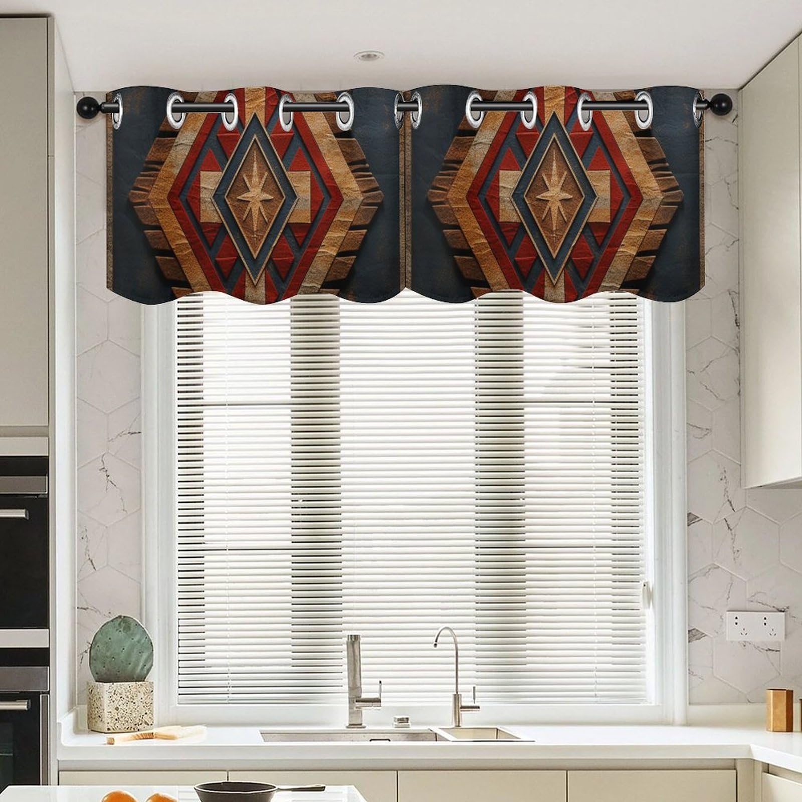 Cenefa de cortina geométrica étnica de 2 piezas: un regalo de inauguración para tu cocina