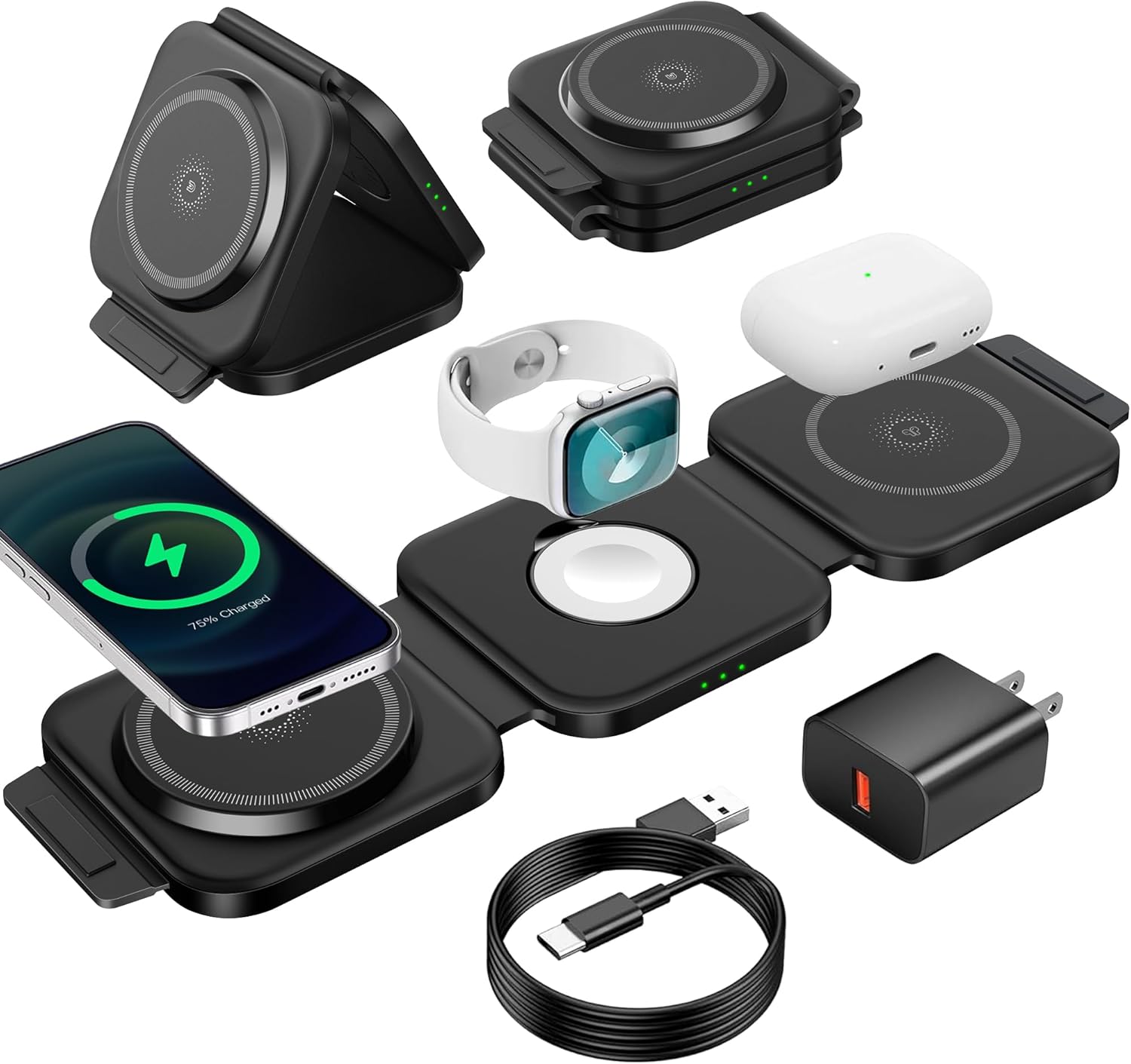 𝟯 𝗶𝗻 𝟭 𝗖𝗵𝗮𝗿𝗴𝗶𝗻𝗴 𝗦𝘁𝗮𝘁𝗶𝗼𝗻 for Apple,Magnetic Charger for Travel,Wireless Charger for iPhone 15/14/13/12/Pro/Max/Mini,AirPods Wireless,iWatch Ultra/SE/9/8/7/6/5/4/3/2