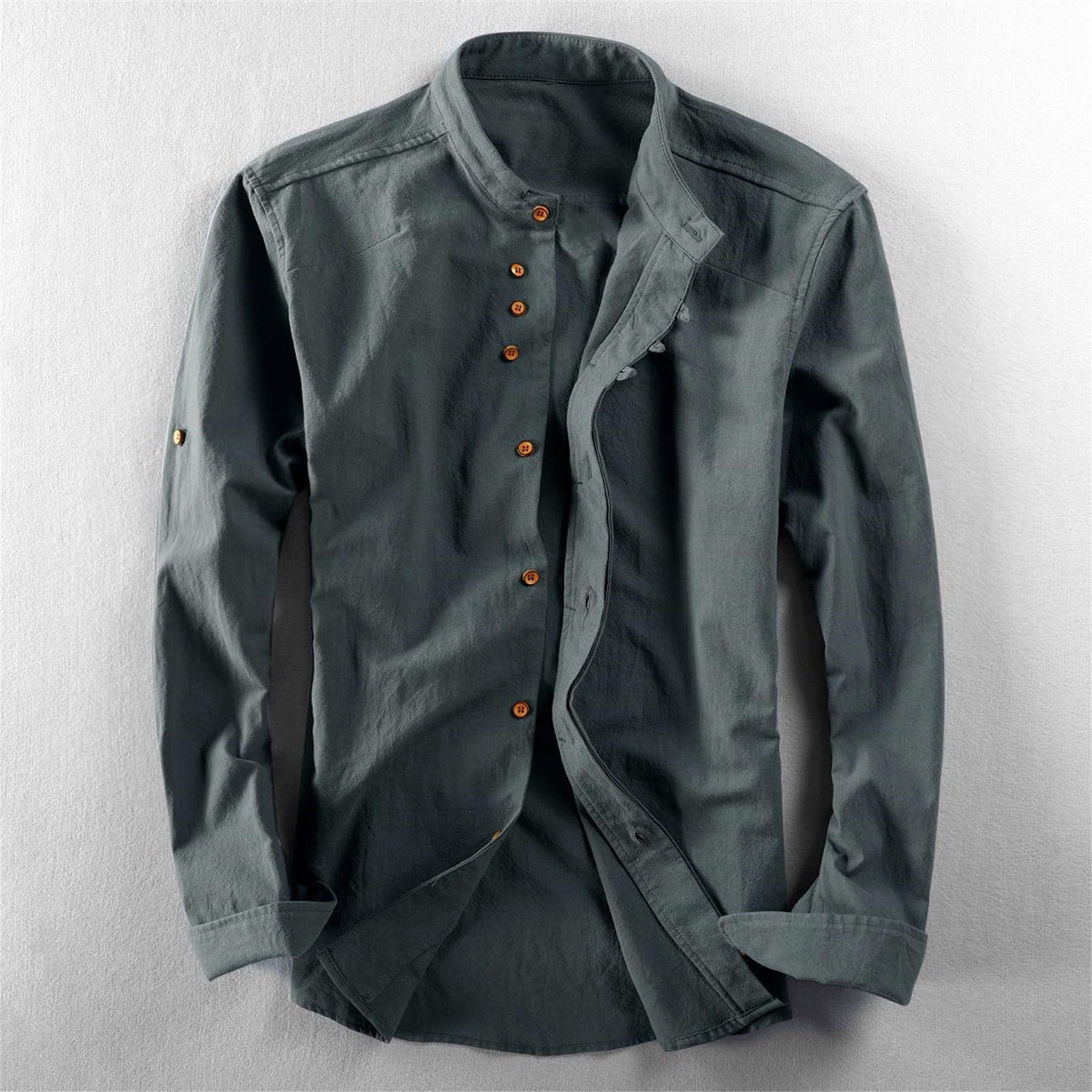 Camicia Di Lino Uomo- Camicie Estive Uomo, Manica Lunga Estiva Cotone Henley Shirts Collo Coreana Con Bottoni Tinta Unita Elegante Casual Camicia Uomo Coreana Camicia Con Bottoni Tasca Regular Fit
