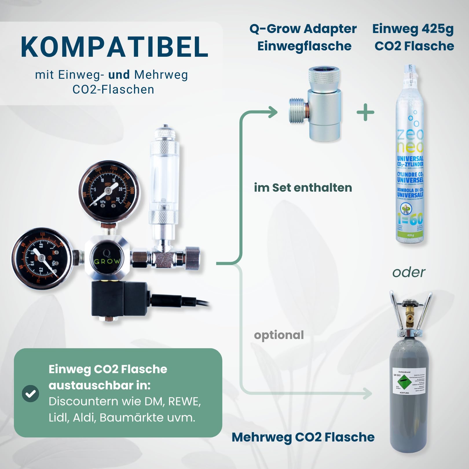 Q-Grow CO2 Anlage Aquarium Komplettset – einfach und universell - Inkl. transparentem Diffusor, Dauertest, Druckminderer, 425g CO2 Flasche, bis 1000L