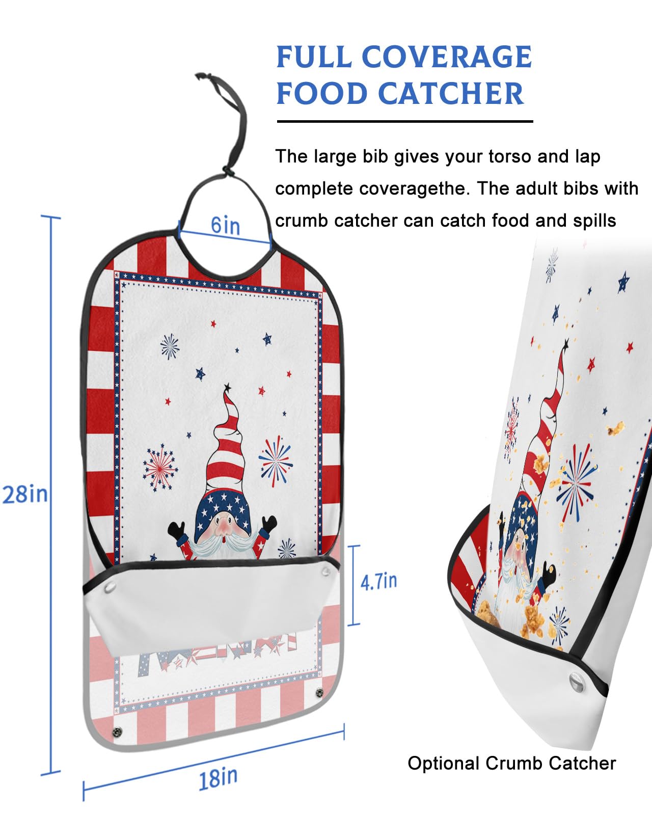 4th of July Adult Bibs for Eating, Waterproof Bibs with Food Catcher & Adjustable Snap Closure, Independence Day American Flag Gnomes Red Plaid Clothing Protectors Adult Bibs for Elderly Women/Men