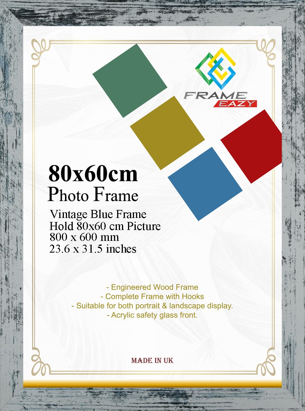 Modern Vinatge Blue Poster Frame 80 x 60cm Large Photo Frame 600x800mm Picture Frames With Safe Clear Perspex Front & Wall Mounting - 60 x 80cm Premium Wall Photo Frames