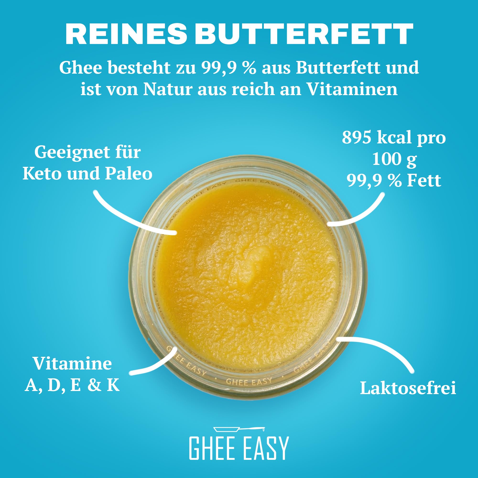 Ghee Easy 850g Ghee Bio von Grasgefütterten Kühen - Ghee Butter ohne Zusatzstoffe - Zertifiziert Organisch & Biologisch - Hochreines Ayurveda Ghee ohne Laktose und Gluten - 100% Europäisch