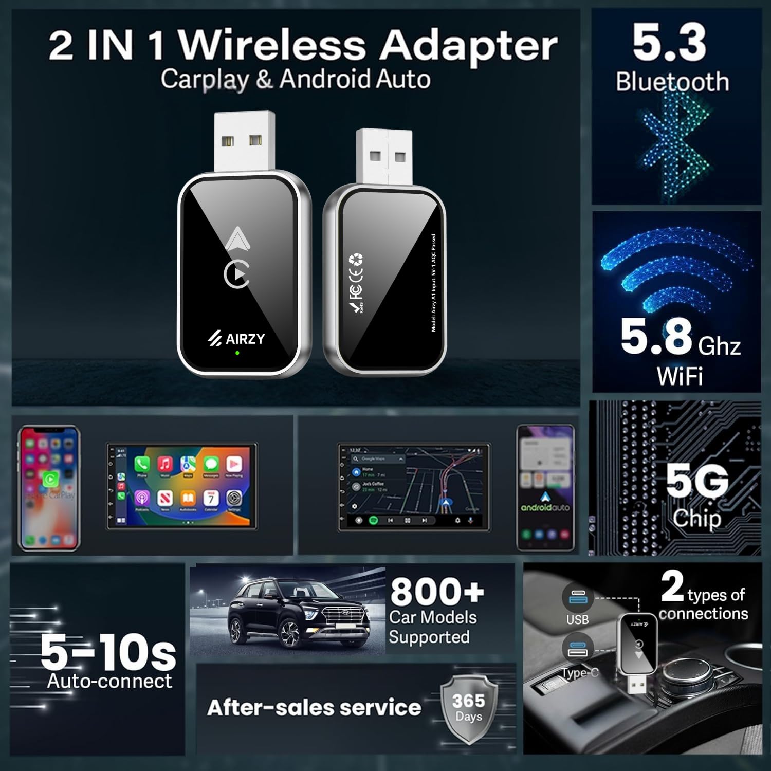 Airzy 2-in-1 Wireless Car Adapter | Converts Wired CarPlay