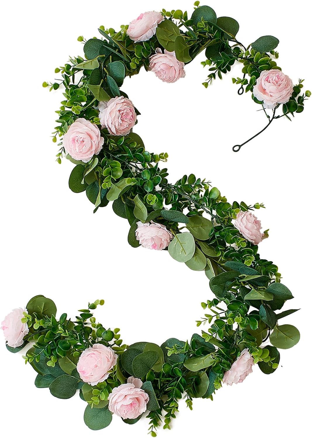 5.92ft Artificial Eucalyptus Leaves Garland with 12pcs Flowers, Blush Color, Straight Shape, Perfect for Wedding, Table Centerpieces, Home Party Decor