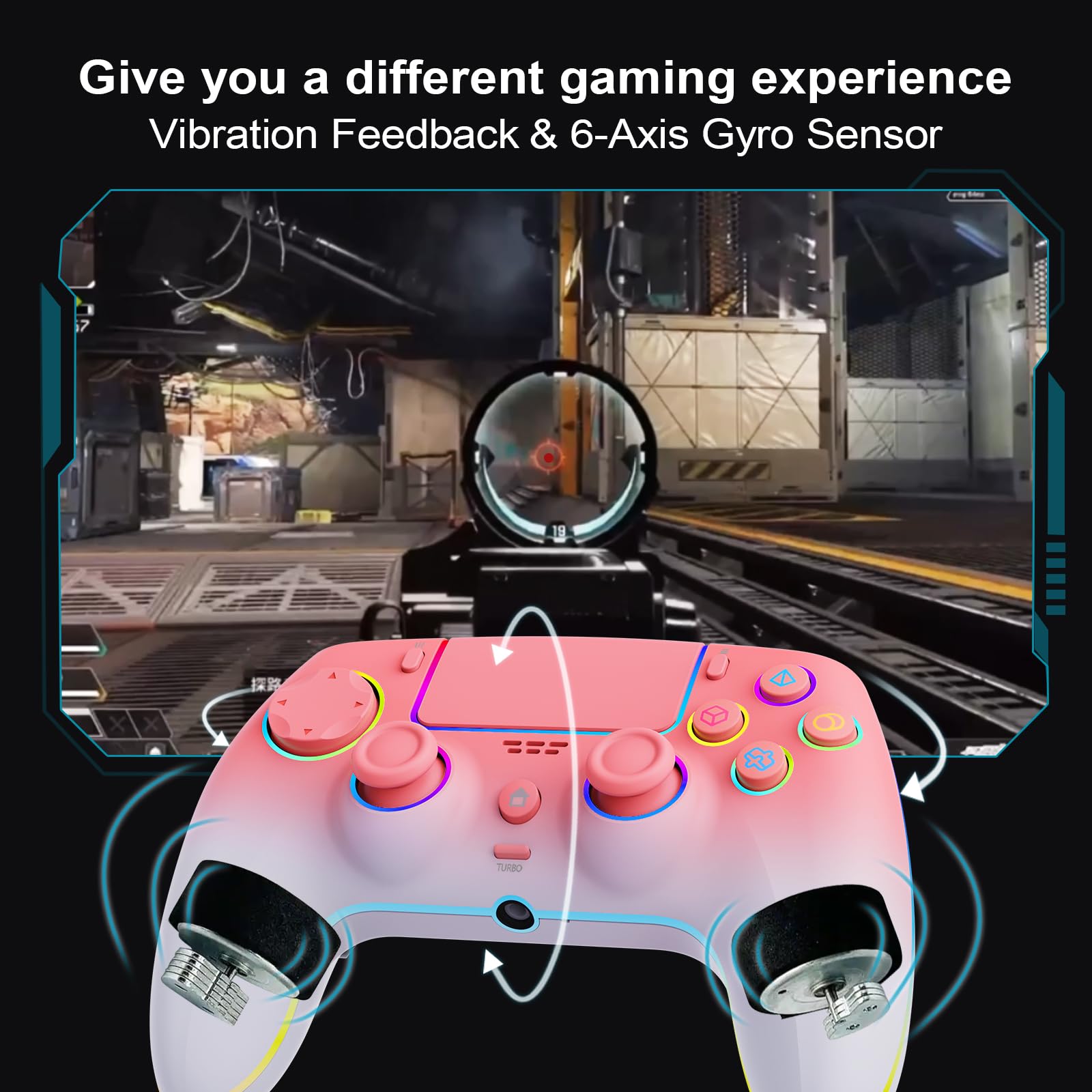 Wireless Pink White gradient Controller for PS5 Pro/PlayStation-5/PC/Mac/Steam Deck with Hall Effect joystick trigger/Back Paddles/Cool RGB/TURBO/headphone Jack - Built-in Speakers Support P-S5 Console Audio