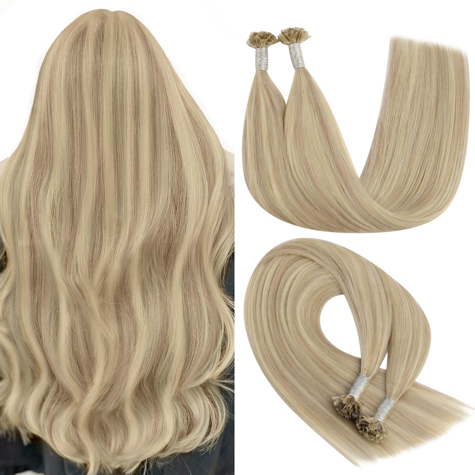 YoungSee Nano Beads Hair Extensions Blonde 14inch Nano Hair Extensions Warm Ash Blonde Highlights Bleach Blonde Nano Ring Hair Extension Highlight for Women Cold Fusion 50g Short Straight 50s — view 62