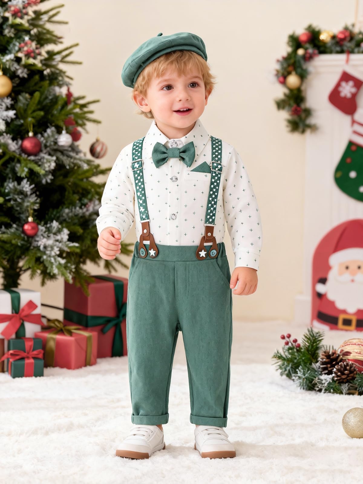 Volunboy Bebé Niño Caballero Conjunto, Cuadros Camisa con Pajarita + Tirantes Pantalones 4 Piezas Traje Ropa