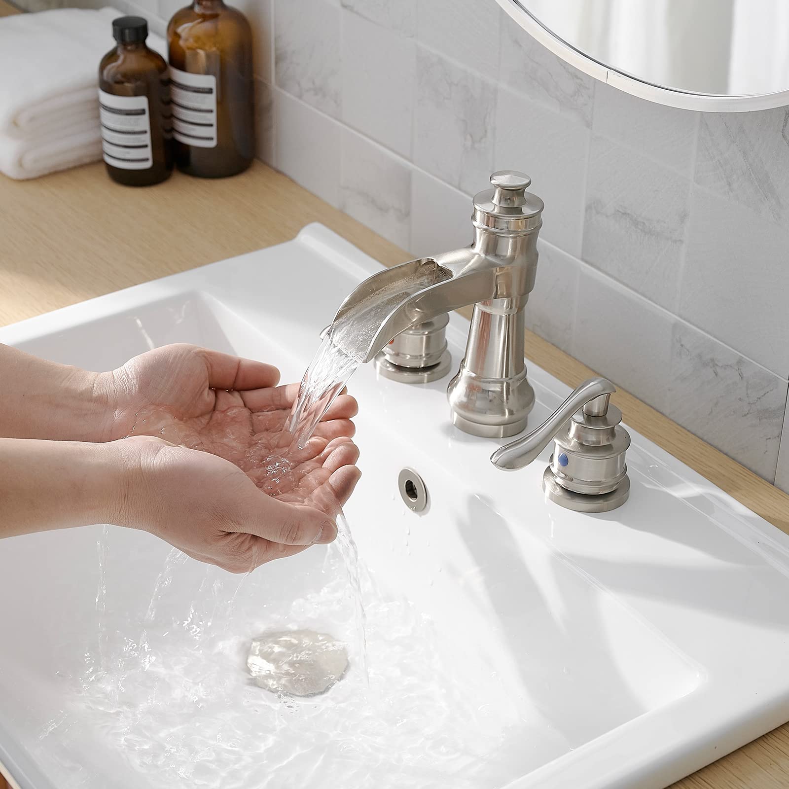 HOIGY Brushed Nickel Bathroom Faucets, Brass Widespread Waterfall Faucet For Bathroom Sink, 3 Hole Bathroom Sink Faucet, 8 Inch 2 Handle Bathroom Vanity Faucets With Pop-up Drain For Lavatory RV