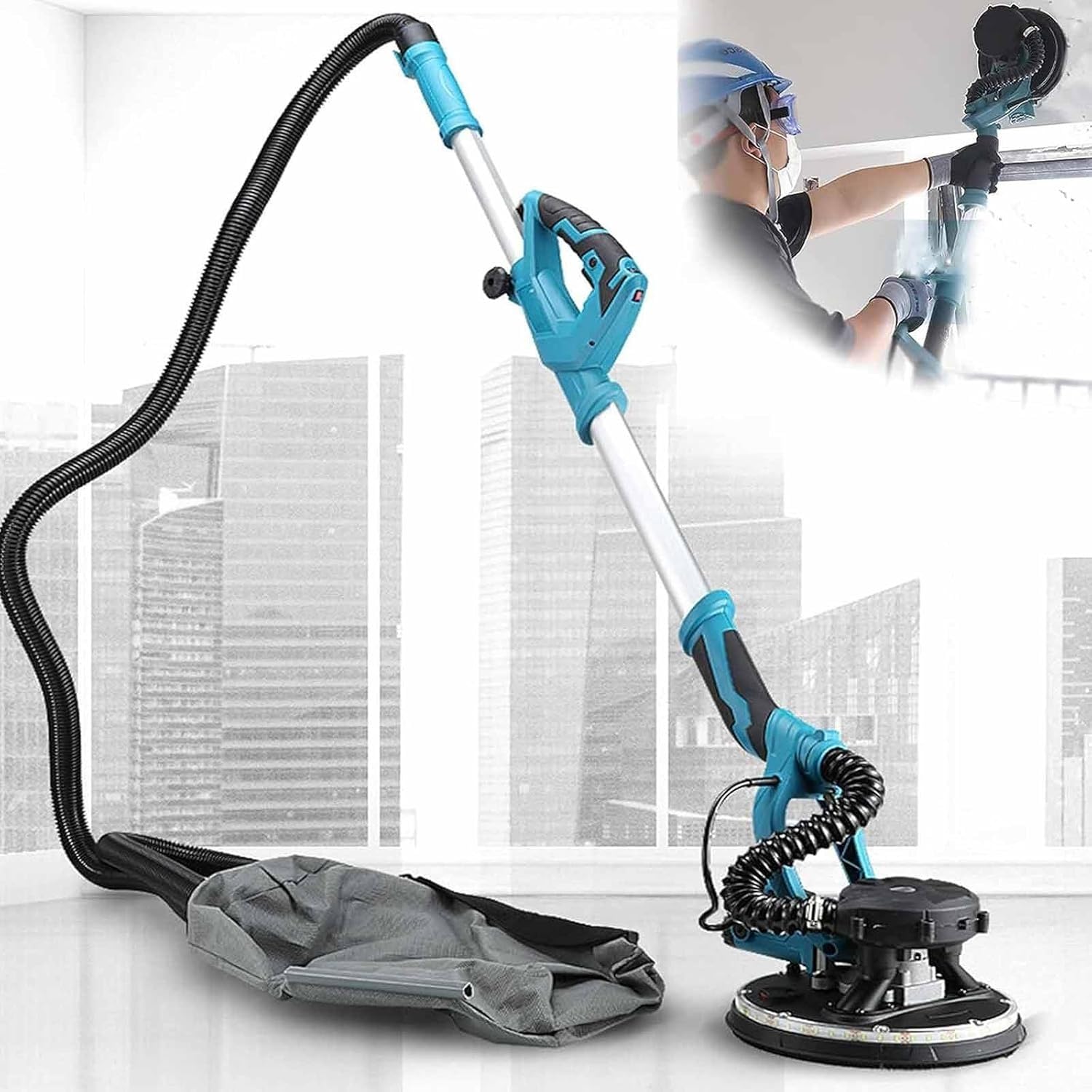 Lijadora Telescópica Pared y Techo 1000W – 6 Velocidades Ajustables, Cabezal Giratorio 100°, Auto-recolección de Polvo 98%, Mango Extensible, Luz LED 360°