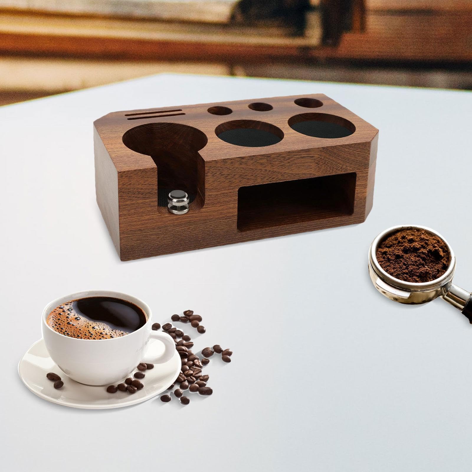 Espresso Tamperhalter, Filterhalter, Halter für Kaffeezubehör, Dicker Holzsockel mit Rutschfester Matte, Multifunktional, Geeignet für Kaffeebars, passend für 58mm