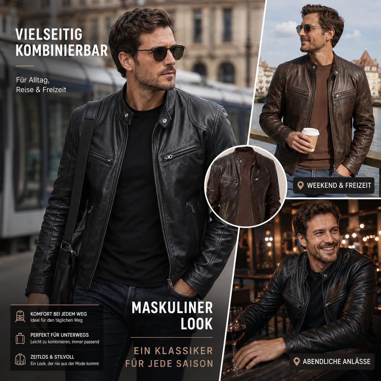 Lederjacke Herren Kunstleder Bikerjacke mit Stehkragen Vintage Leder Jacken Freizeit Leichte Übergangsjacke Männer Slim Fit Motorrad Jacke Reißverschluss – Zeitlos Elegant & Robust
