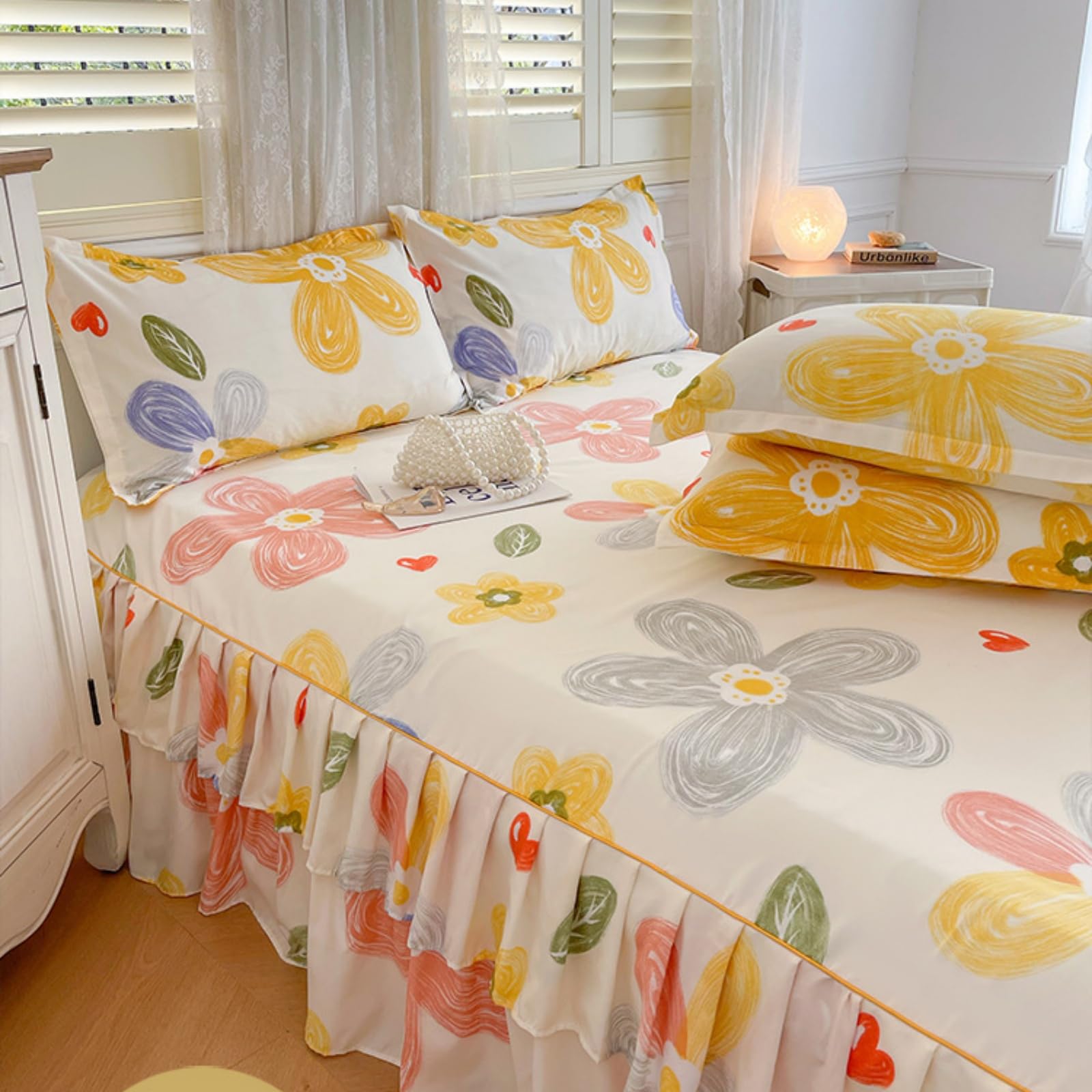Morbuy Gonne da Letto Elasticizzato per Singolo Matrimoniale, Copri Bordo Letto con Balza Copriletto con Federe e Volant Mantovana Giroletto 3 Lati per 45 cm di Altezza (X03 Red Rose,180x200cm)