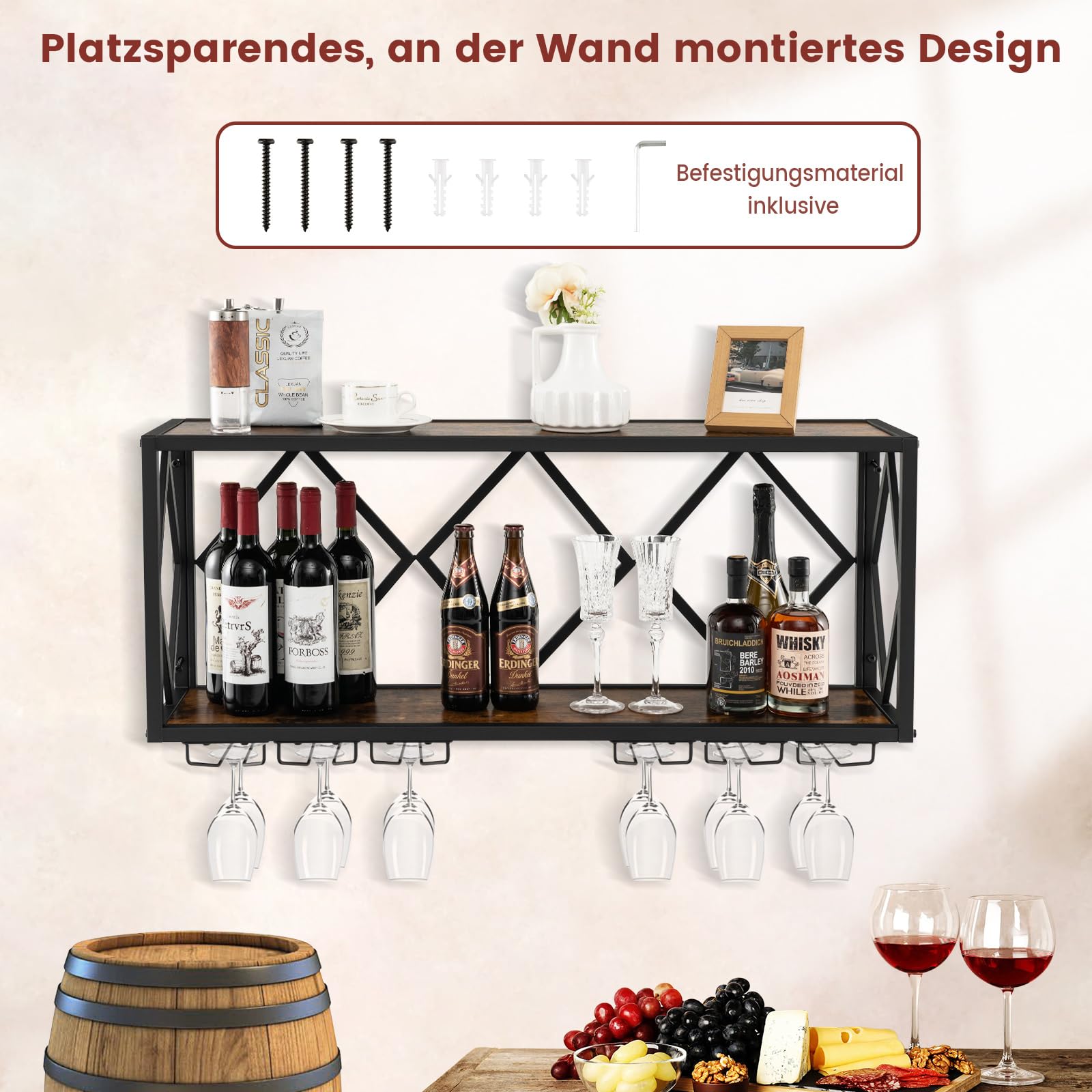 COSTWAY Weinregal Wand, 2 Ebenen Flaschenregal Holz mit Metallrahmen, mit 6 Reihen Weingläserhalter, Industrial Design, ideal für Zuhause, Bar, Küche und Restaurant