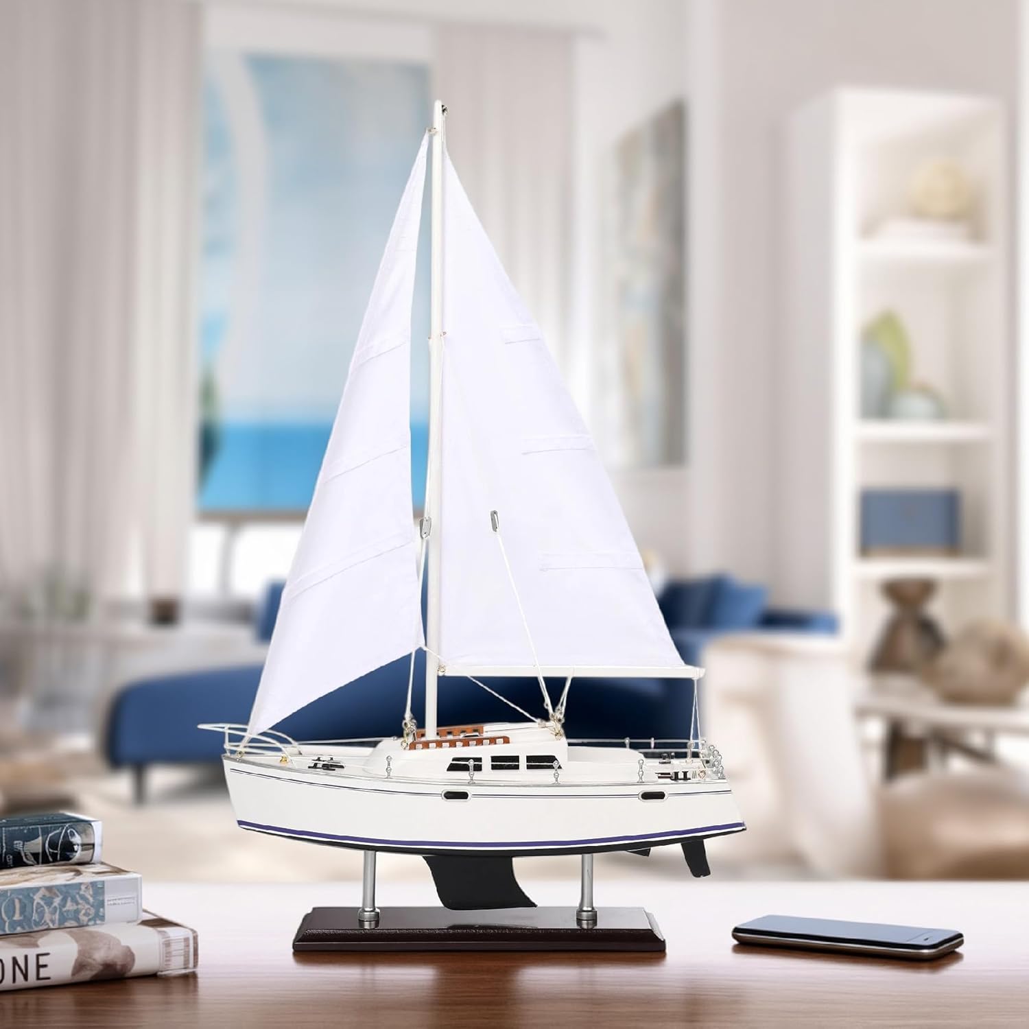 Wooden Catalina Yacht Model, 15x23 inch Sailboat Decor, Modern Luxurious Living Room Nautical Home Decoration Beach House Display
