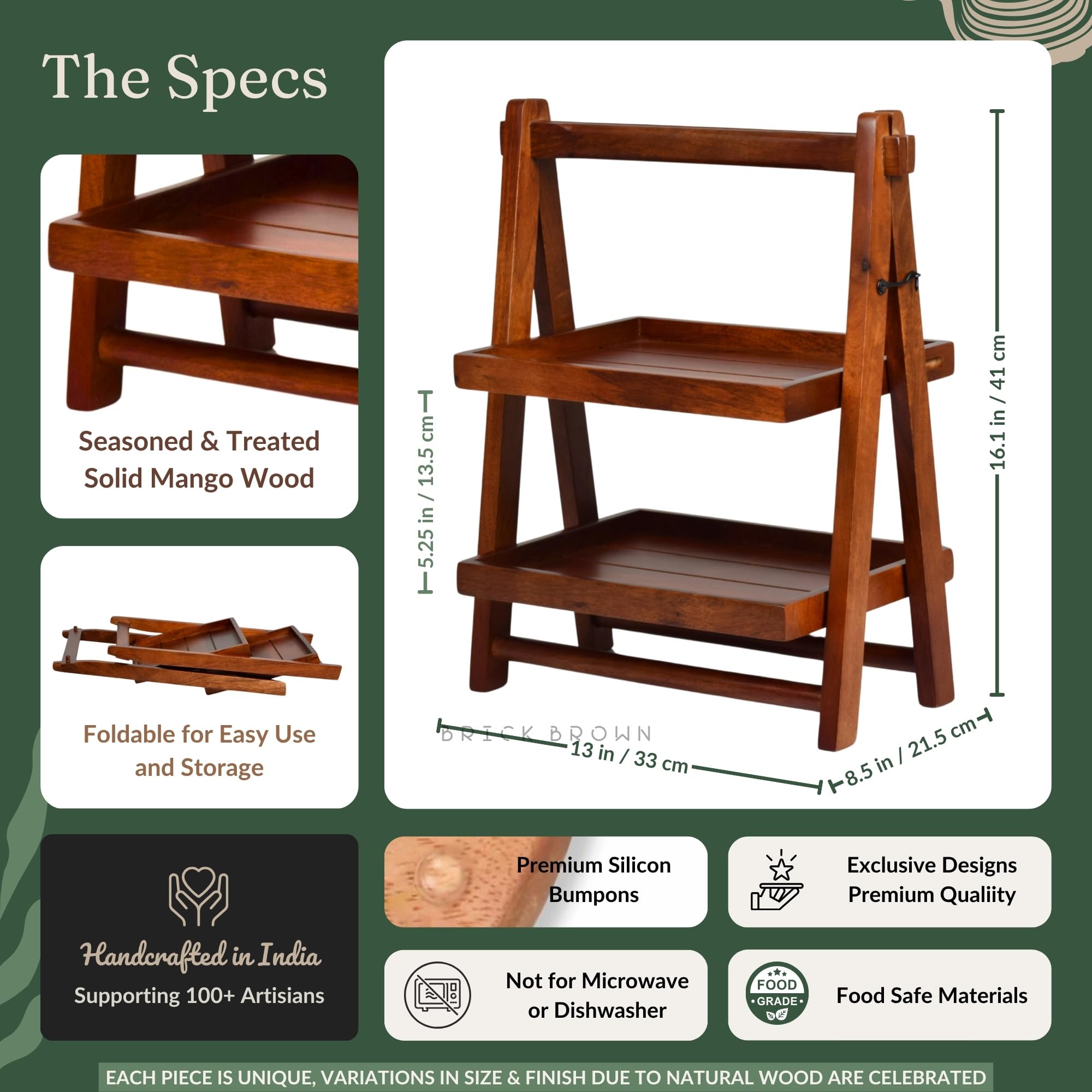 Brick Brown® Handcrafted Foldable Wooden Kitchen Organizer Rack | Spice Rack & Storage Shelf | Kitchen Countertop – Mahogany Double Tray for Home, Office & Bedroom (16x12x8.3 in) 3