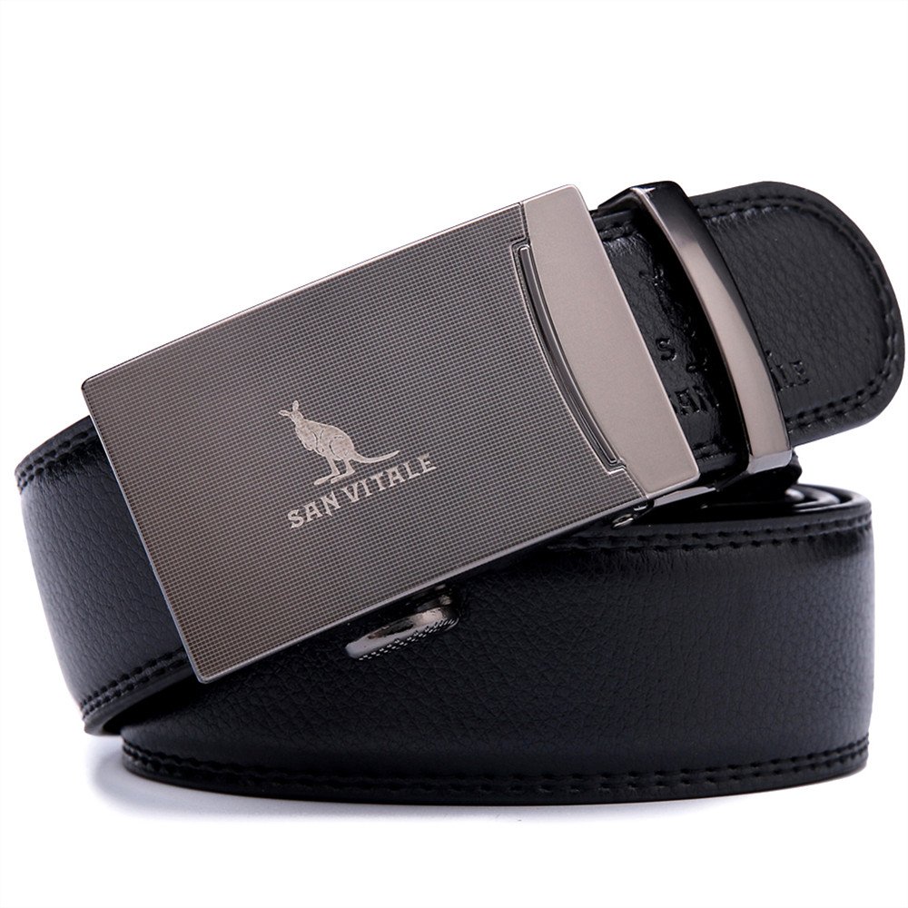 SAN VITALE Men's Solid Buckle with Automatic Ratchet Leather Belt 35mm Wide 1 3/8"
