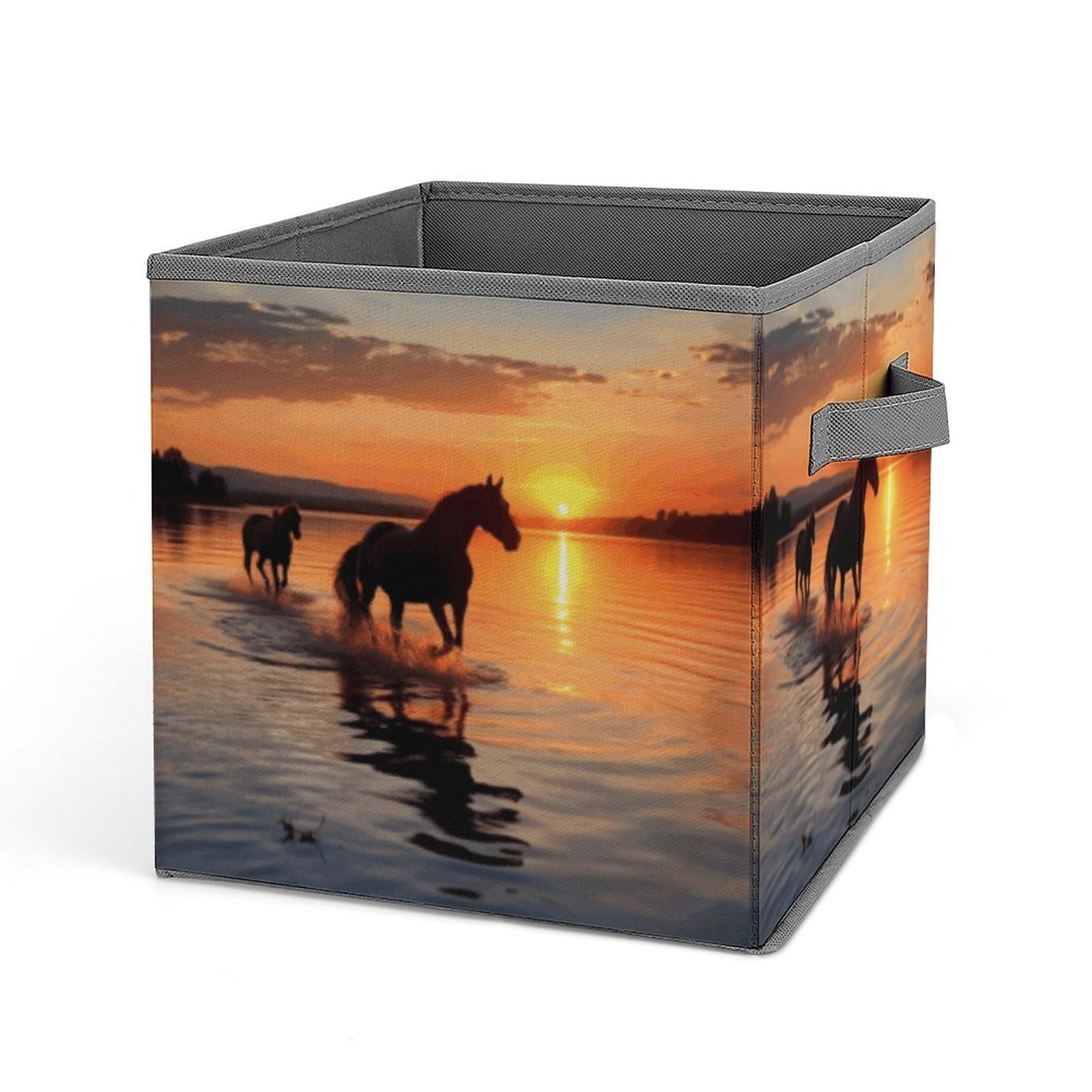 JTREHY Sunsets Lake Horses Storage Bins Sturdy Large Capacity Folding Sorting Boxes Convenient Stable Storage Box Collapsible Fabric Storages Cubes Organizer with Handles