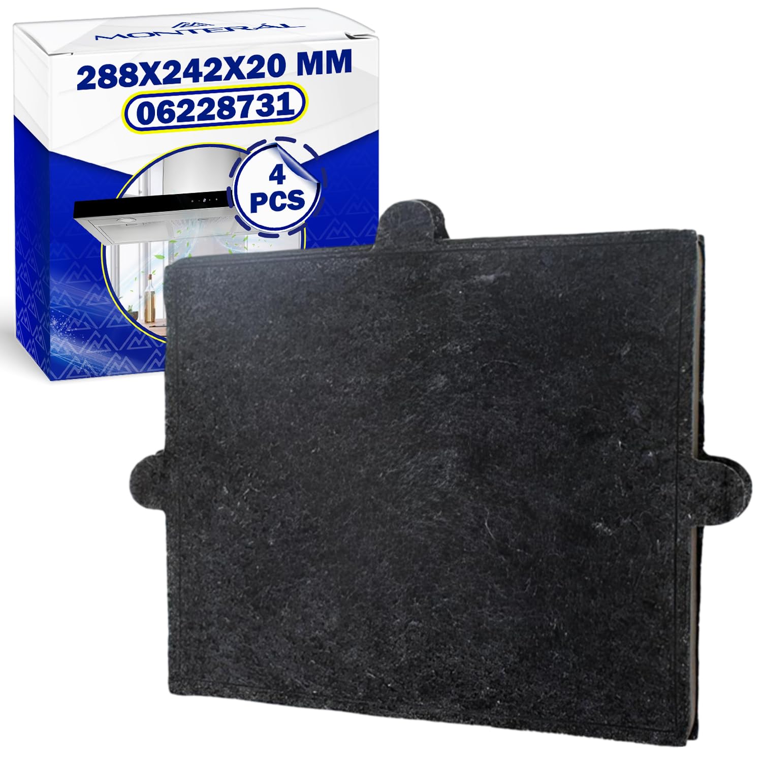 4 Piezas Filtro Carbon Activo para Campana Extractora modelos DKF12-1 DKF121 288x242x20 mm con Código Original 06228731 para Miele - MONTERAL