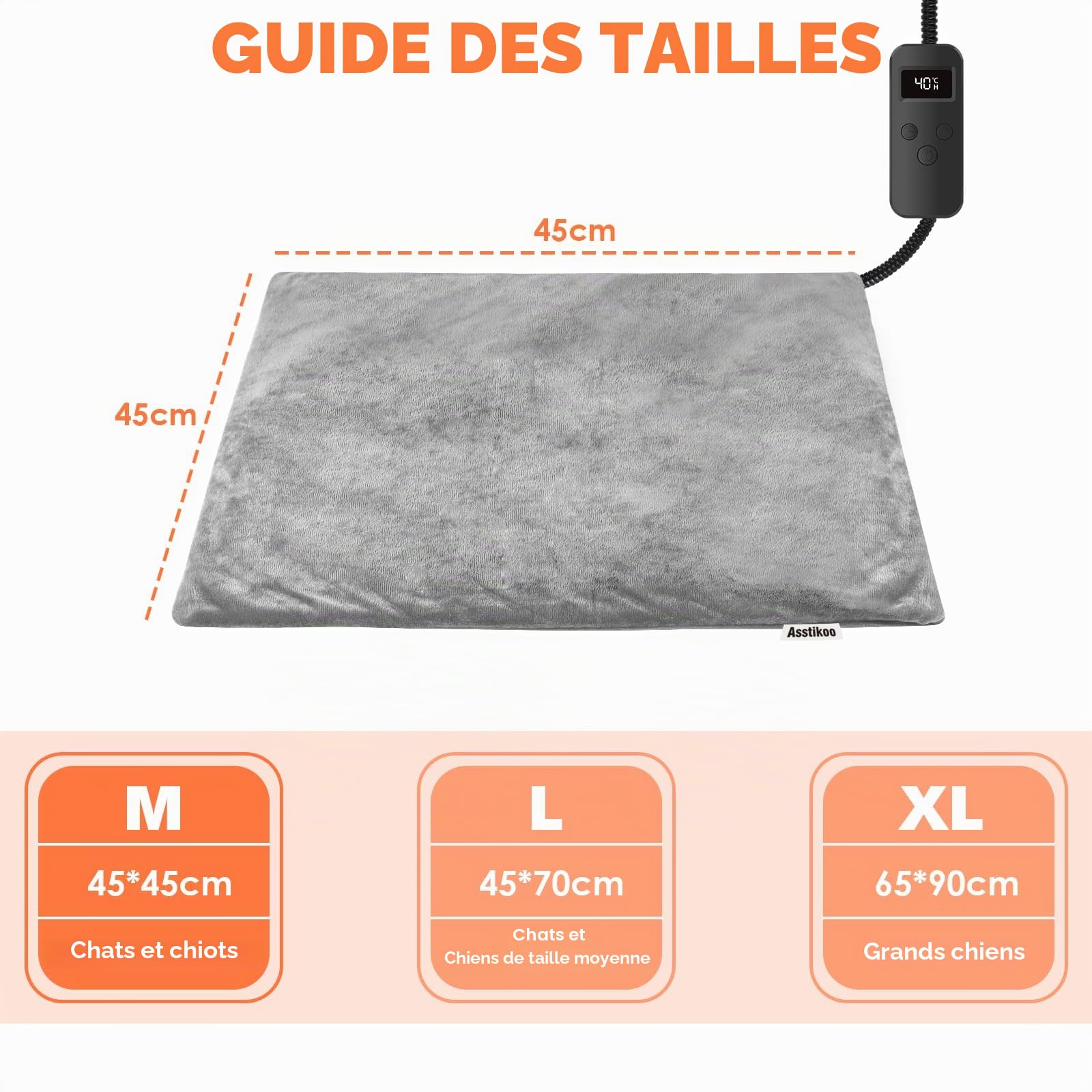 Tapis Chauffant pour Chats Chiens 45 * 45cm Couverture électrique pour Animaux 12 Contrôle des Temps& 6 Réglages Température 30-55℃, Couverture Chauffante pour Chiens Anti-Mordant Imperméable
