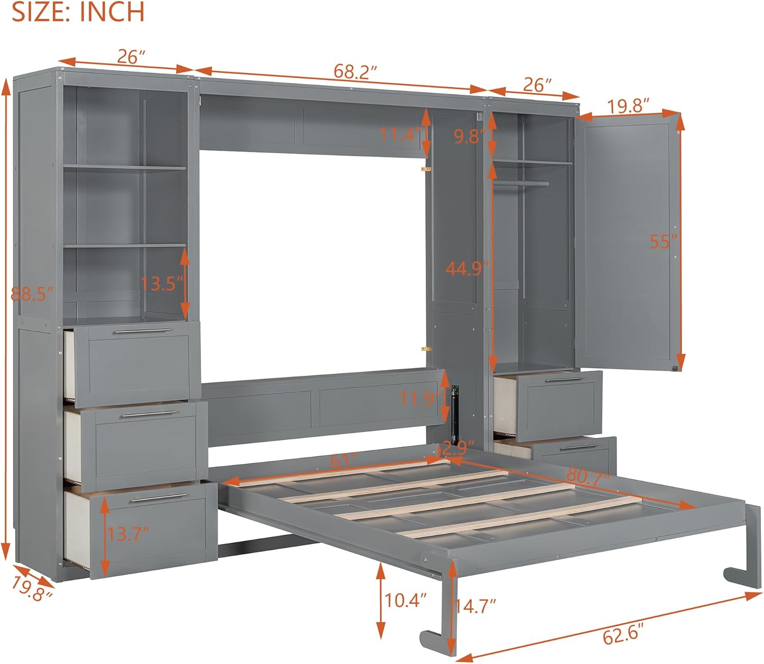 Harper & Bright Designs Queen Size Murphy Bed Wall Bed with Storage Wardrobe, Closet, Drawers and Bookshelves, Space-Saving for Multipurpose Guest Room or Home Office, Gray