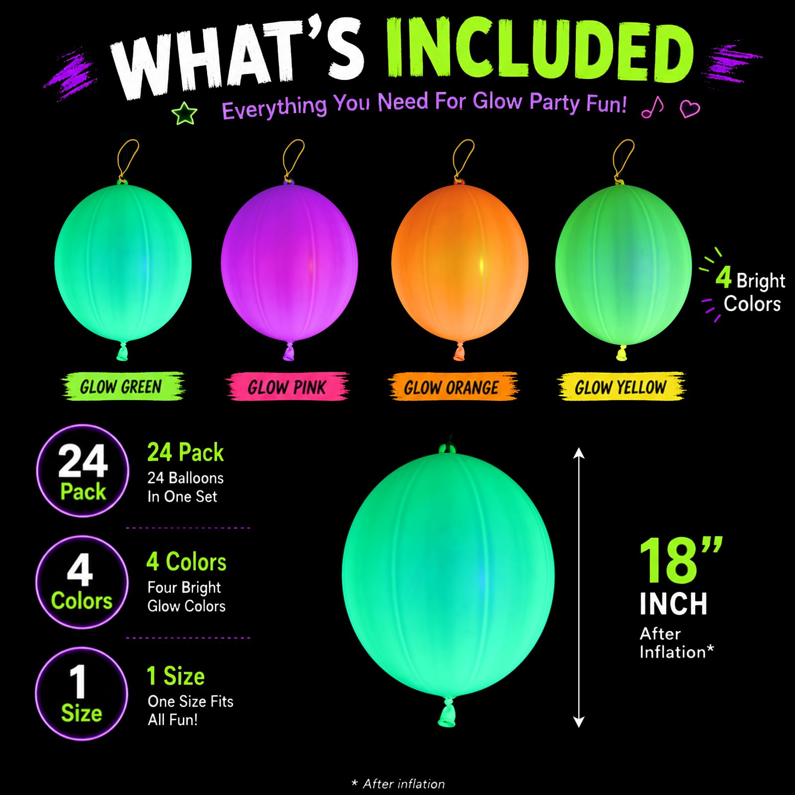 Mega-L Lot de 24 ballons fluo pour enfants, ballons rebondissants robustes avec poignées en caoutchouc, cadeaux de fête pour anniversaire, piñatas, sacs à friandises, prix et fournitures de carnaval