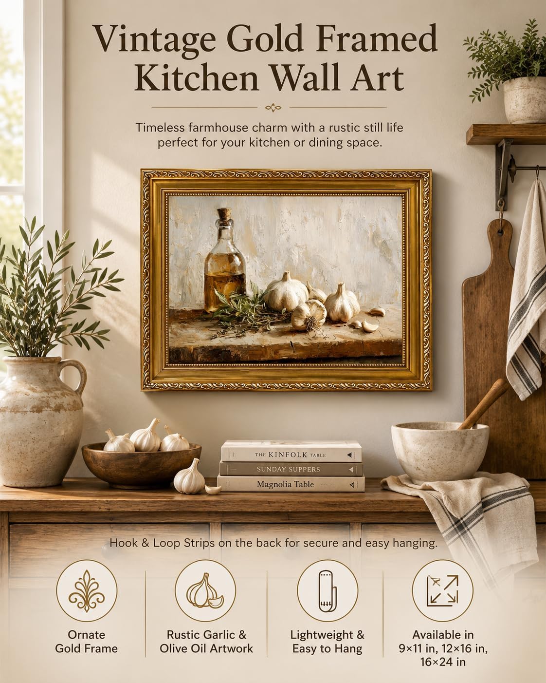 Vintage Gold Framed Wall Art Farmhouse Kitchen Wall Decor 12x16in image 2
