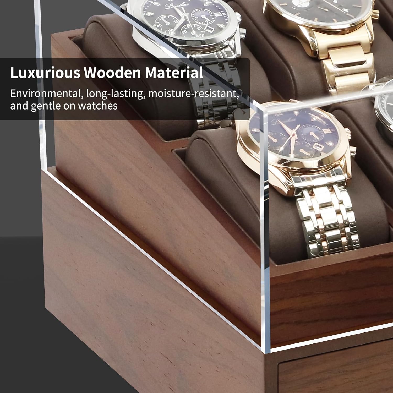 KAMIER Watch Box for Men, 10 Slots Mens Watch Case with Glass Lid, Watch Display Case With Drawer, 2-Layer Watch Holder Organizer, Jewelry and Watch Storage for Men Women, Walnut